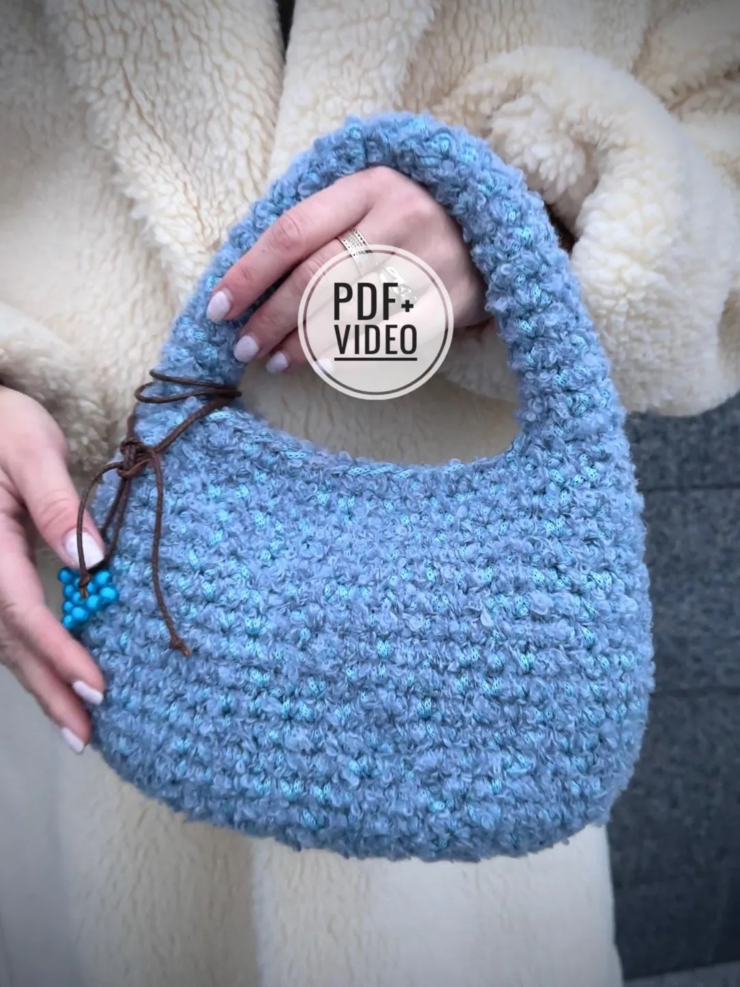 Crochet pattern  easy trendy handbag PDF digital instant download and video tutorial, shoulder bag, furry bag, egg bag, hobo bag, tote