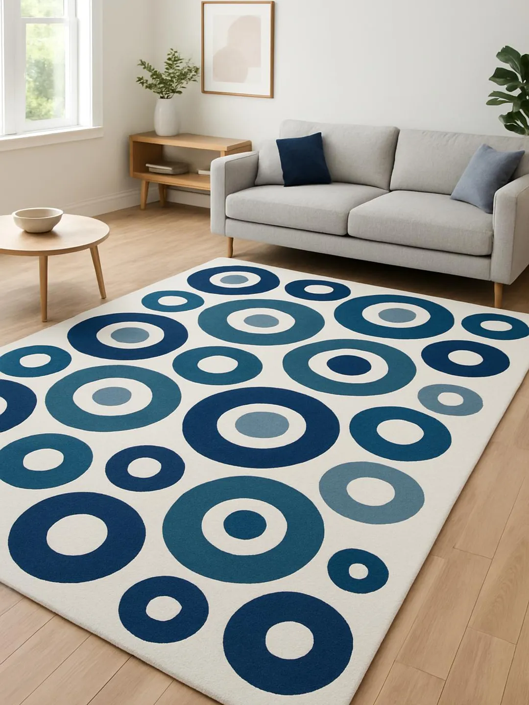 Geometric Circle Wool Area Rug – Blue Modern Hand Tufted Mid Century ...