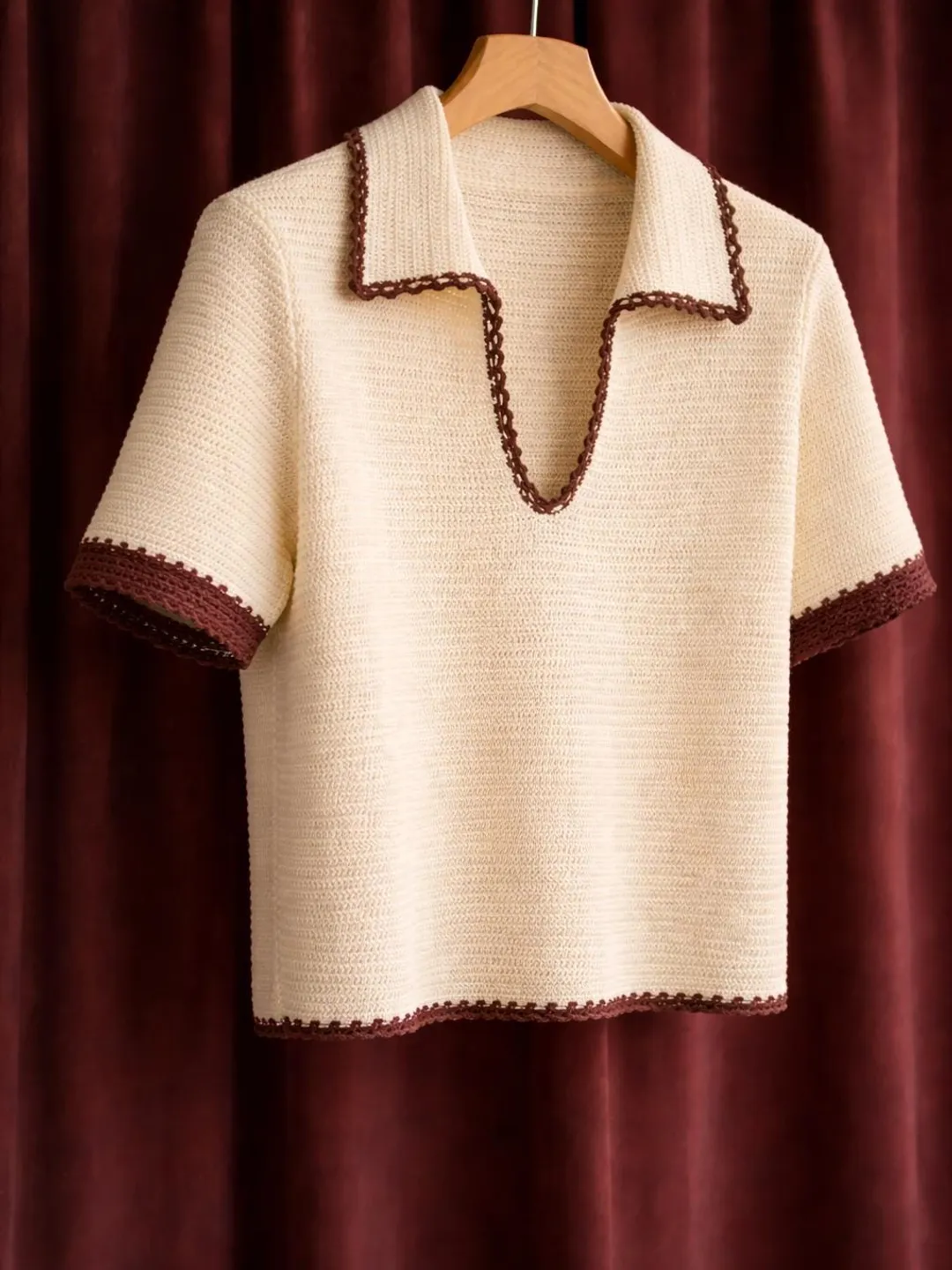 Luxury Cream Knit Polo Top, Brown Crochet Trim Collar Shirt, Retro