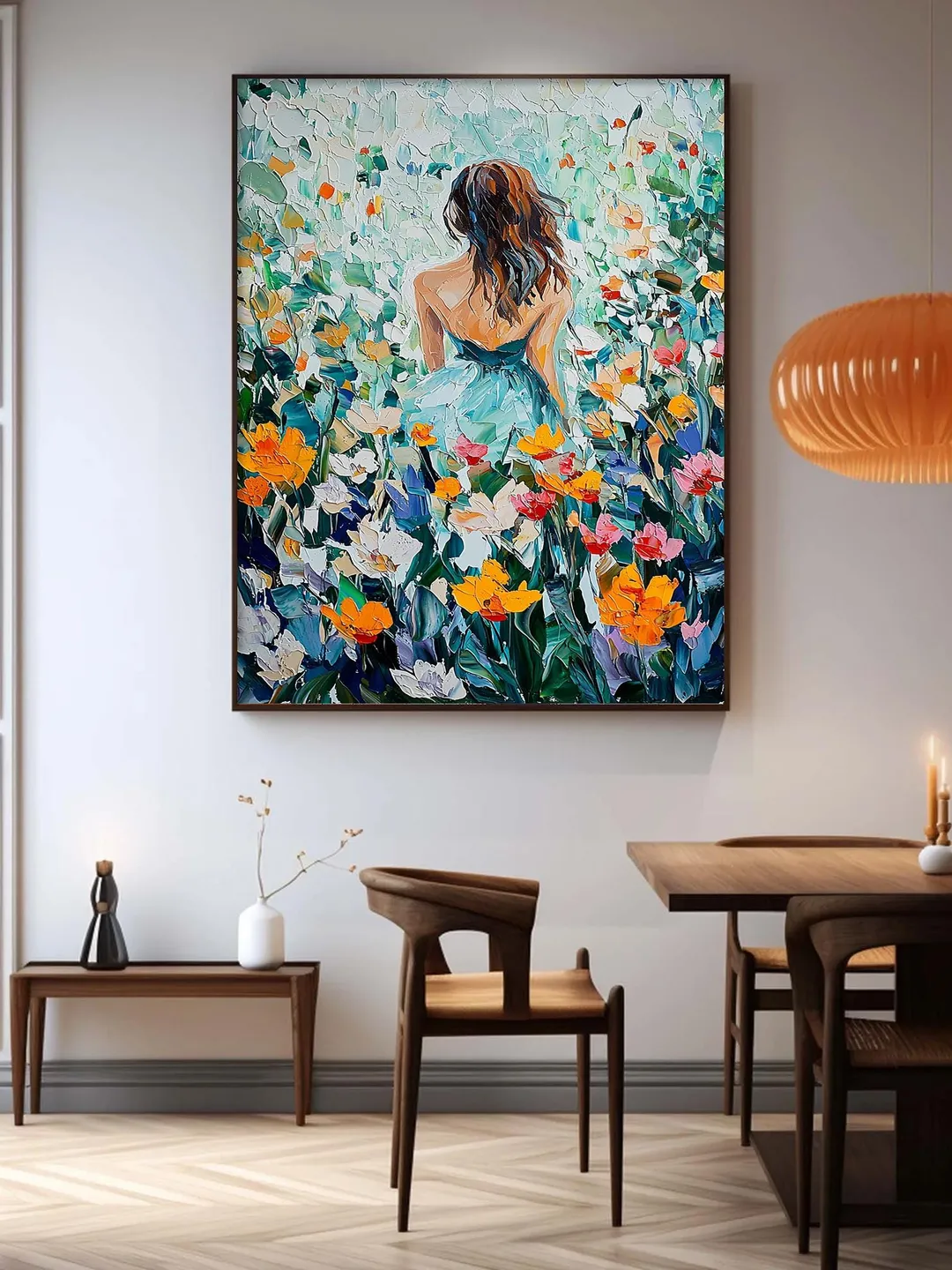 Large Impasto Woman in Flower Field Oil Painting, Colorful Garden