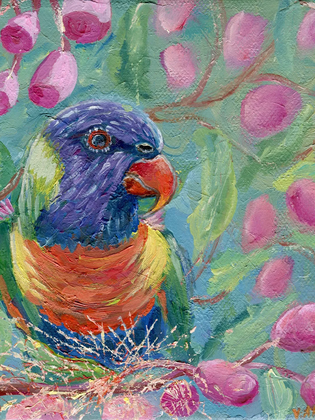 Parrot sits on a branch of a flowering tree