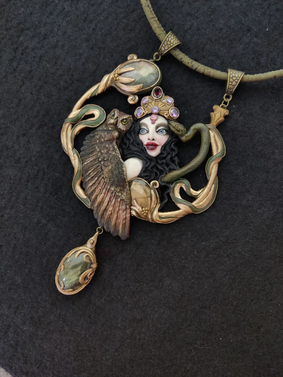 Necklace Mistress of the Forest, owl necklace, snake necklace, forest necklace,necklace with stones, labradorite