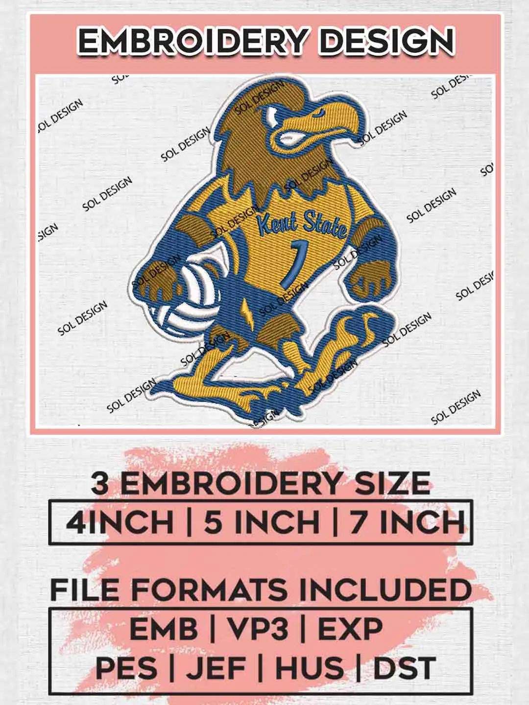 Kent State Golden Flashes Volleyball Mascot Logo Embroidery Designs, NCAA Logo Embroidery files, NCAA Kent State Golden Flashes Team, Machine embroidery designs, Digital Download