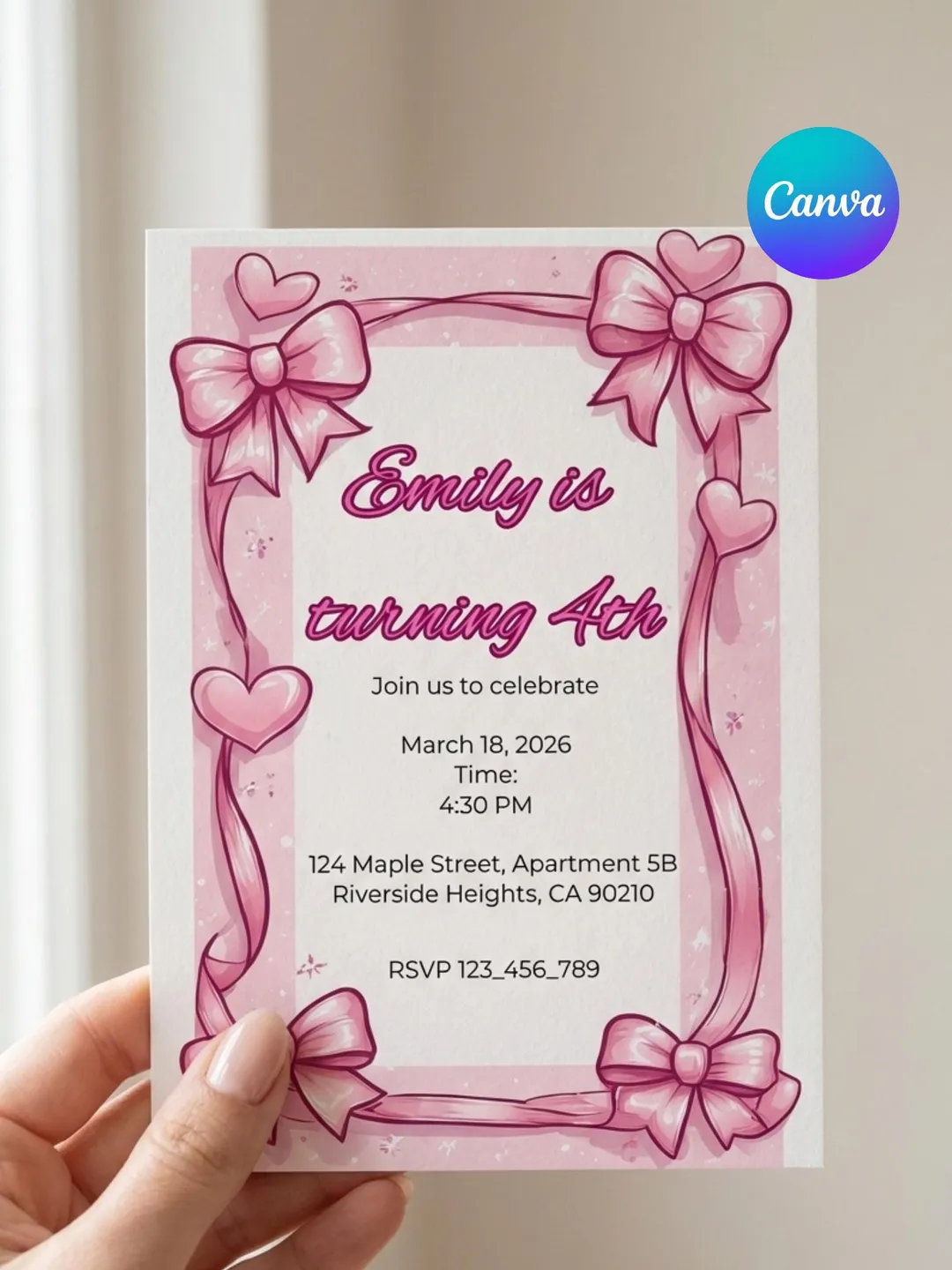 Pink Invitations Heart Pink Bow Birthday Invitation | Hearts Party Editable Template