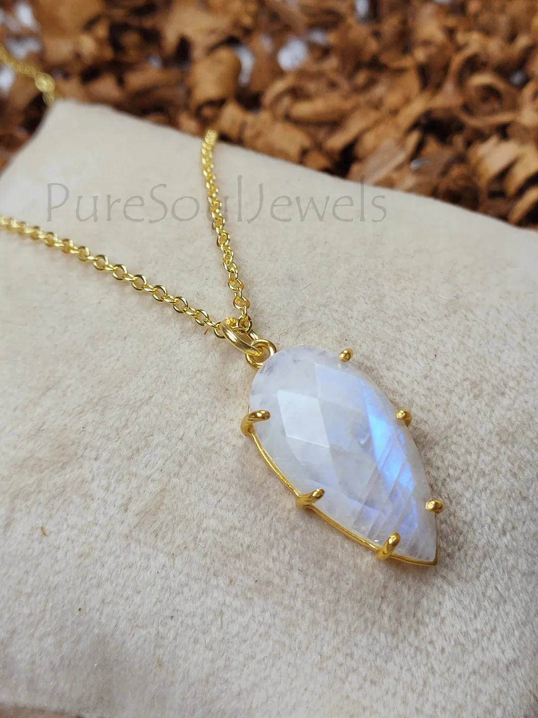 Rainbow Moonstone Gold Plated Prong Set Pendant Necklace- June Birthstone Jewelry