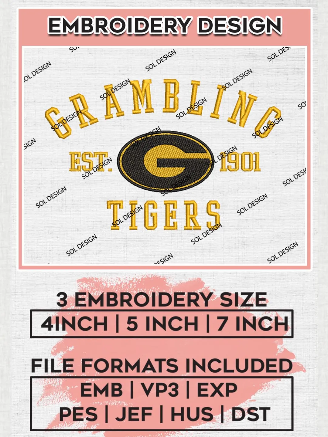 Grambling Tigers Est 1901 Logo Embroidery Designs, NCAA Grambling Tigers Team Embroidery, NCAA Team Logo, 3 sizes, Machine embroidery Files, Digital Download