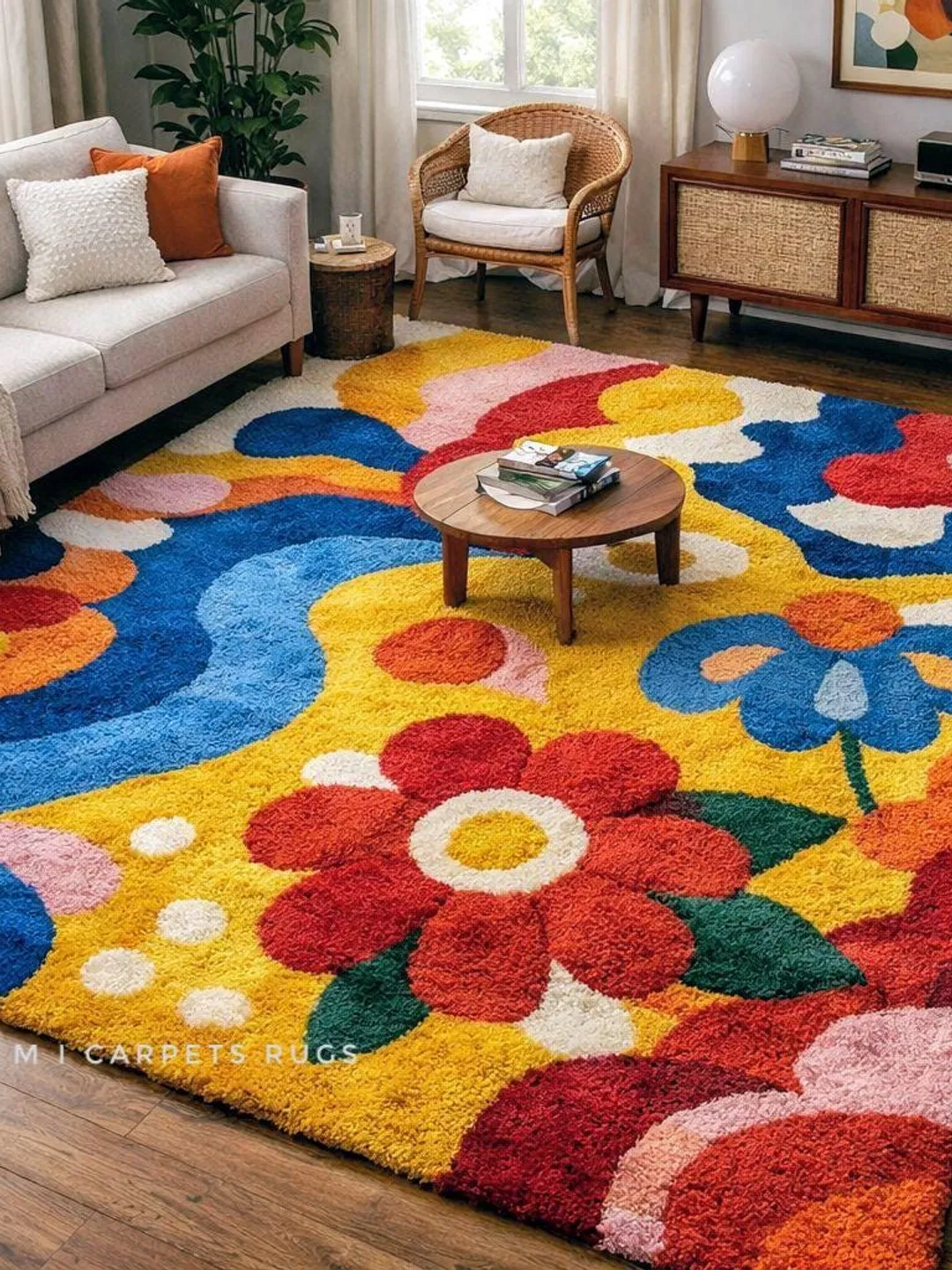 Handmade 70s Retro Flowers Rug – Funky Mid Century Modern Living