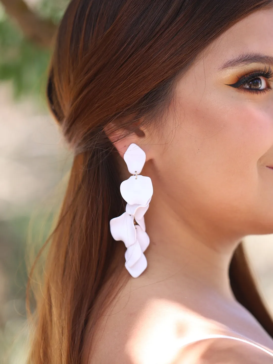Extra Long Gold White Flower Wedding Earrings, Leaf Boho Bridal Earrings, Chandelier Statement Wedding Earrings, Floral Earrings For Bride