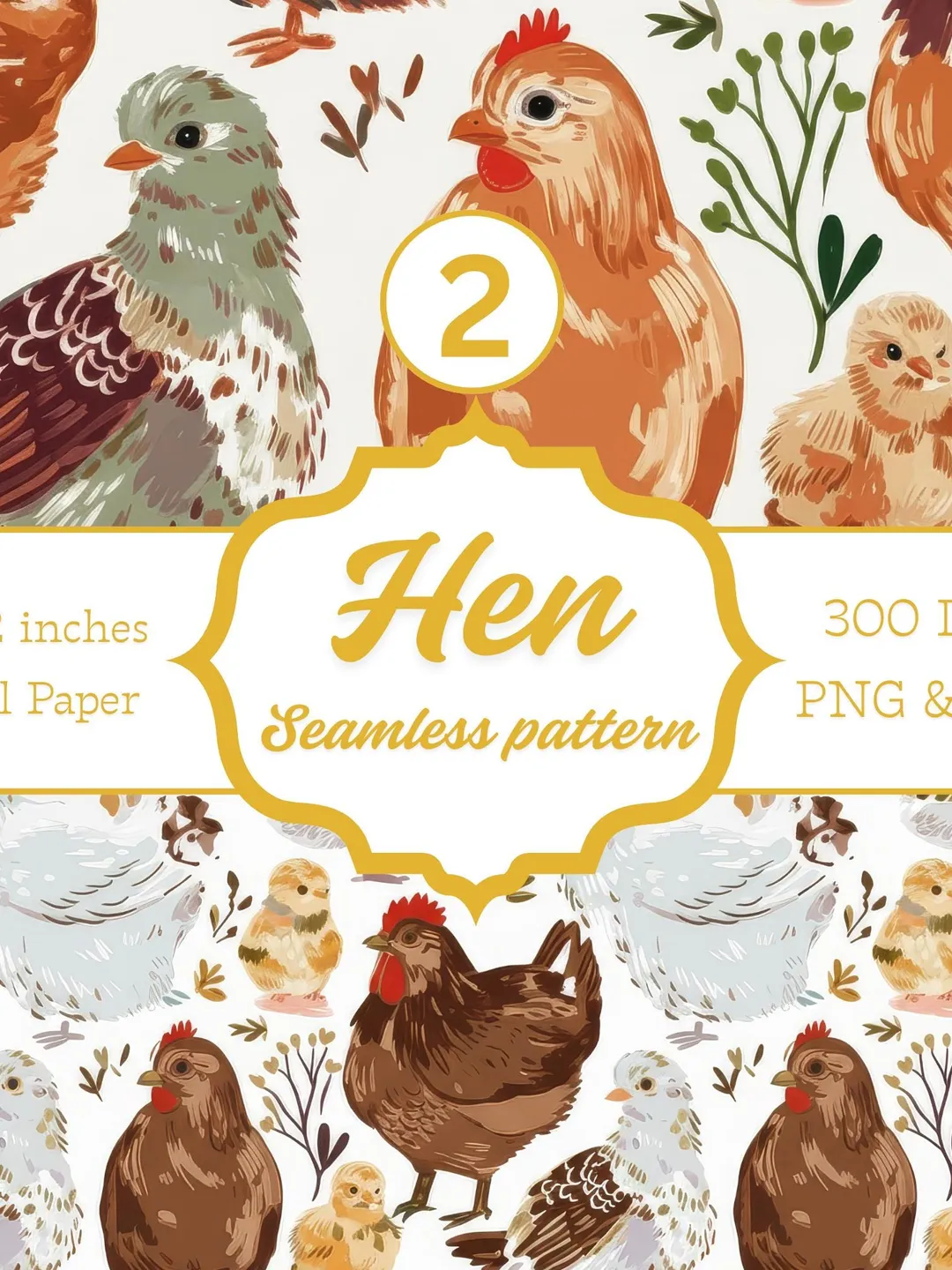Farmhouse Chicken Seamless Pattern Digital Paper (JPG PNG), 12x12 Inch