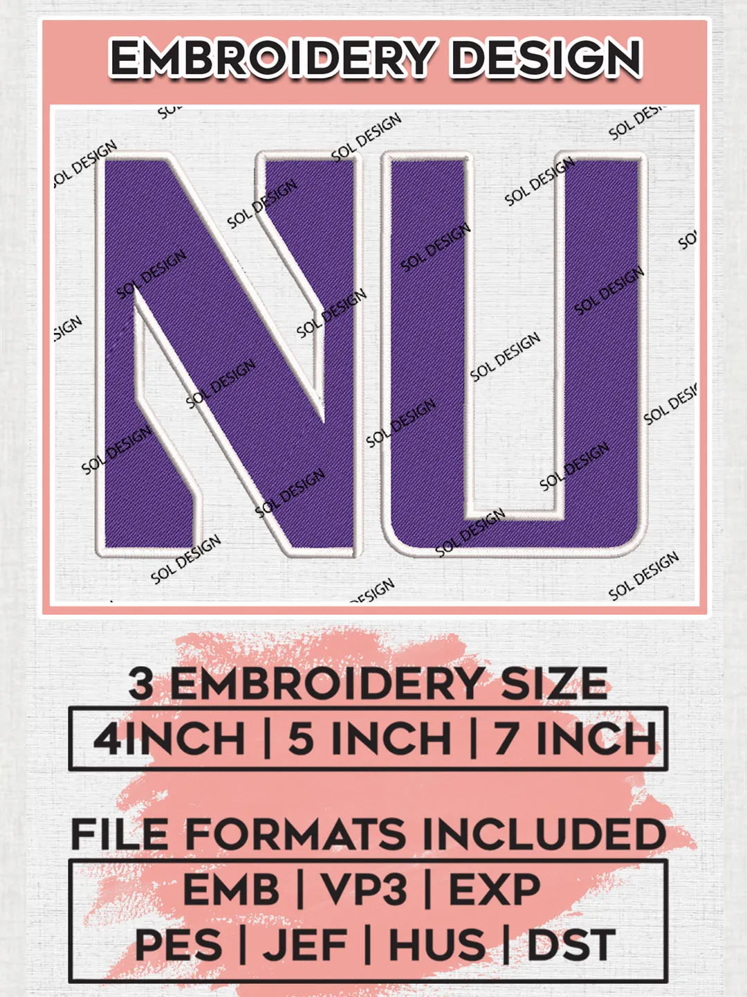 NCAA NU Wildcats Team Logo Embroidery Design Files, NCAA Northwestern Wildcats Machine Embroidery, NCAA Teams, 3 sizes, NCAA Machine embroidery designs, Digital Download