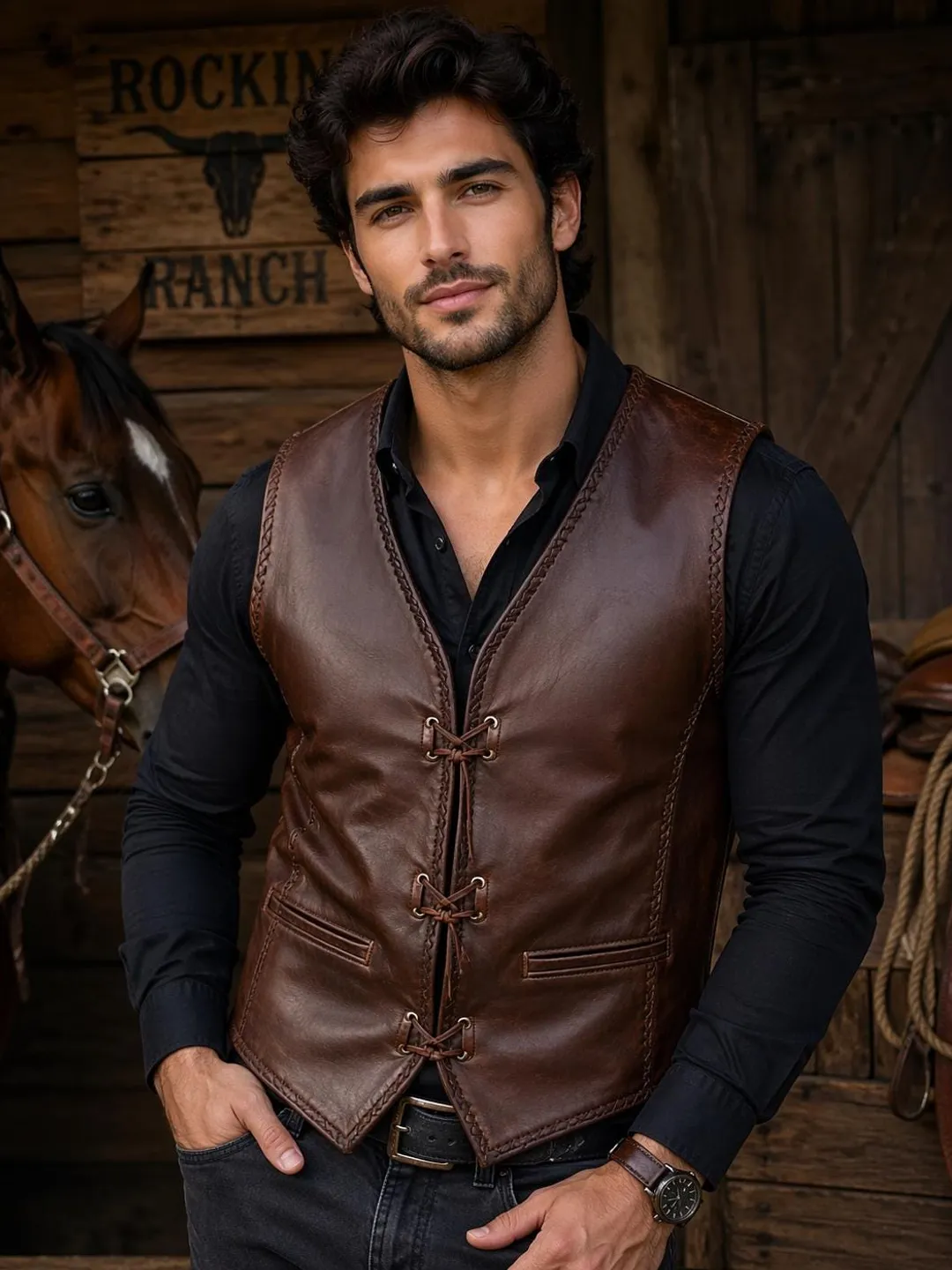 Men's Brown Full Grain Lambskin Leather Cowboy Vest, Handmade