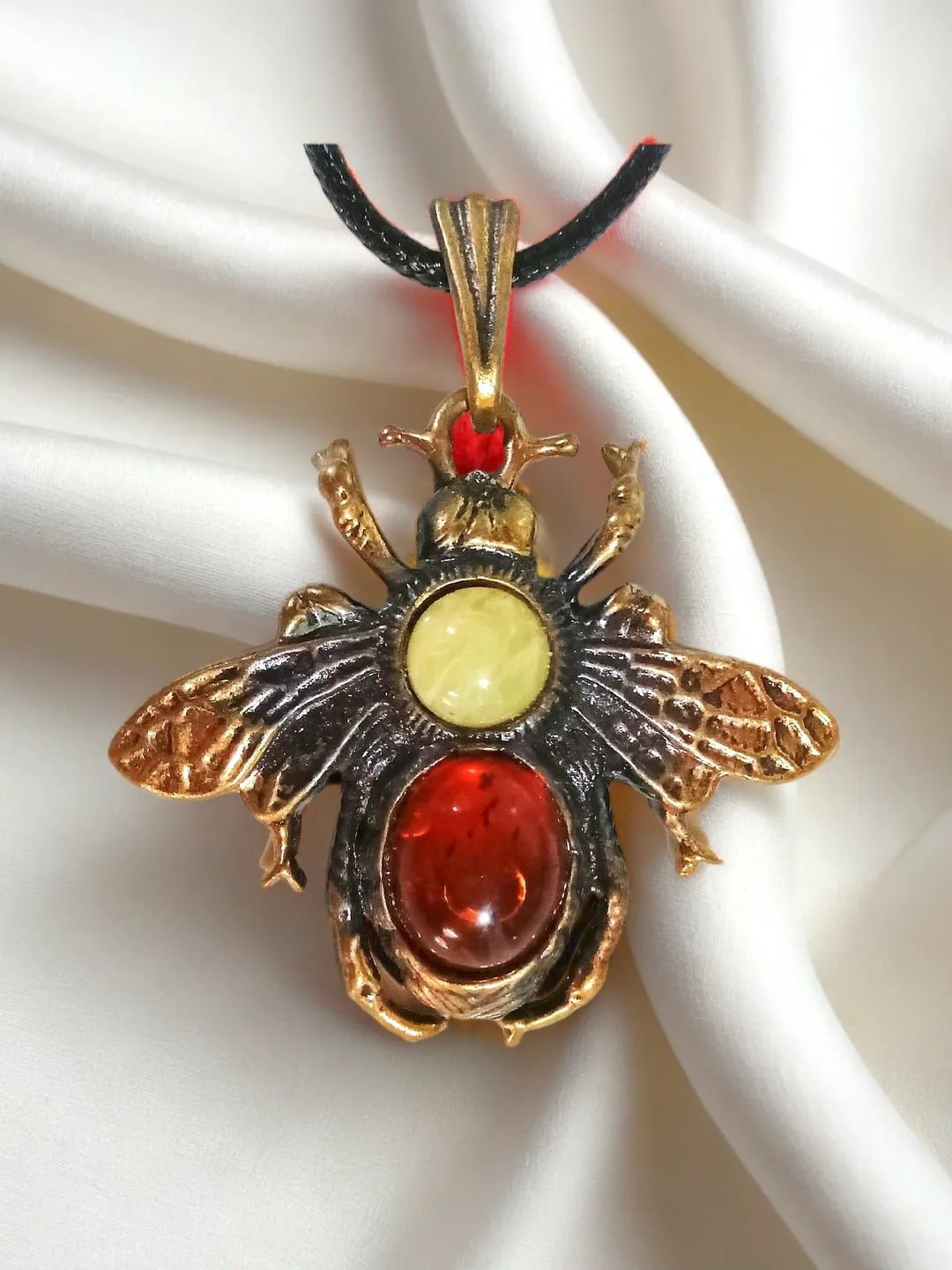 Honey Bee Jewelry Vintage Gold and Black with Amber Pendant Necklace Handmade Gift for Girl Women Summer Jewelry