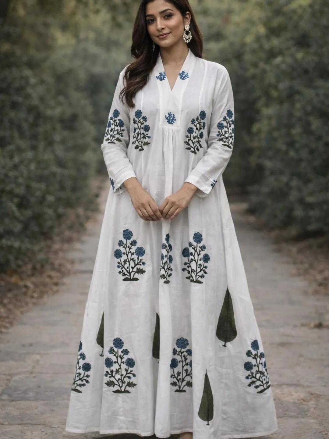 indian cotton boho dresses with sleeves Boho Ethnic Floral Tiered Cotton Maxi Dress Handmade Pink & Green Block Print Anarkali Kurta Indian Block Print Festival Everyday Wear Dress
