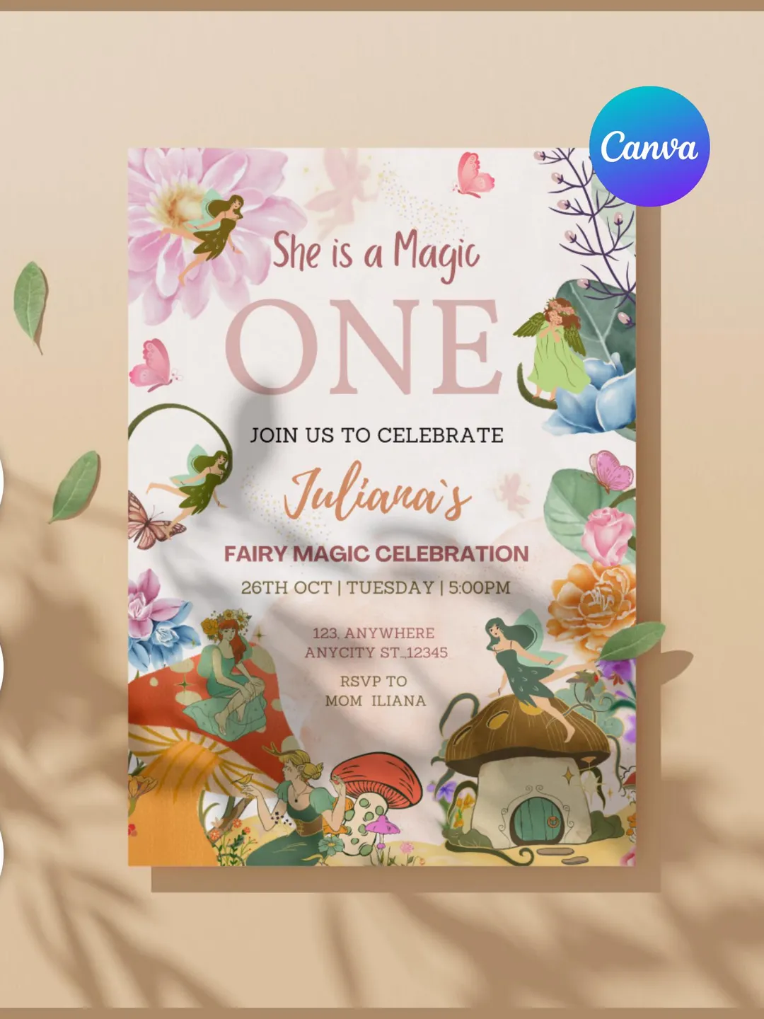 Editable fairy first birthday invitation, soft pastel floral fairy garden party printable invite