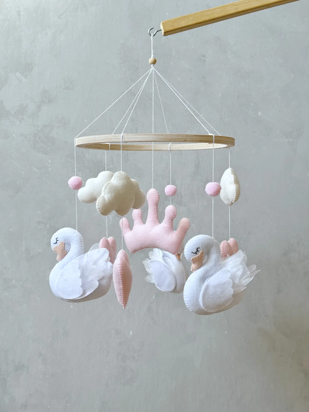 Swan mobile girl pink and white Princess crib mobile crown and hearts