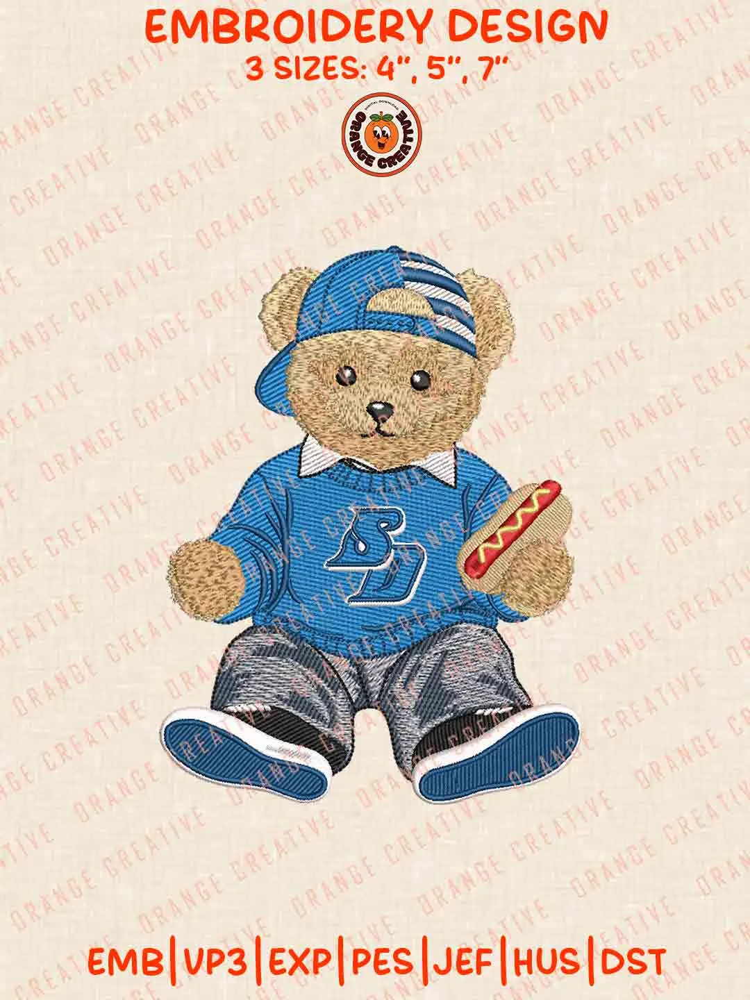 San Diego Torero Bear Hot Dog Embroidery Design Files, Football Embroidery Designs, Sport Machine Embroidery Files, 3 Sizes, Custom Sizes, Instant Download