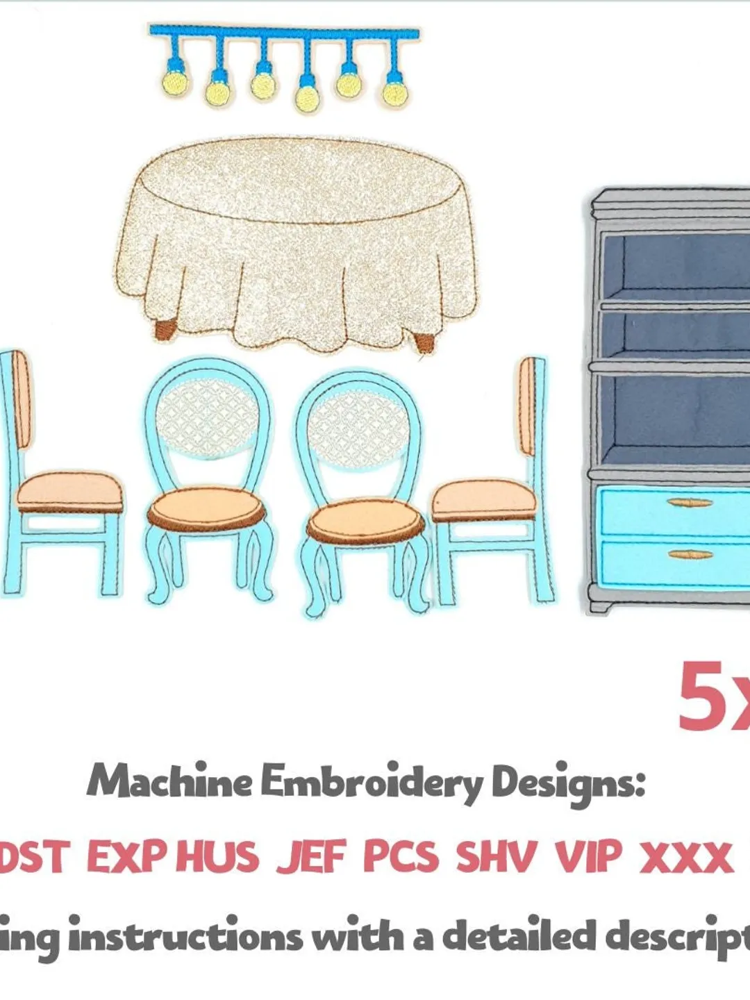 Dollhouse Dining Room Furniture ITH Embroidery Design Set, Felt Table Chair Hutch Pattern 5x7, Miniature Toy File Download