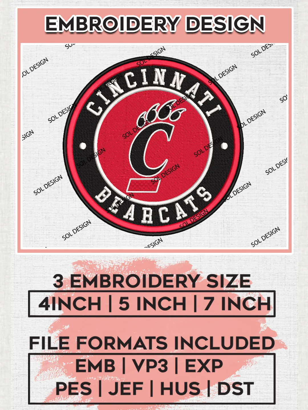 NCAA Cincinnati Bearcats Round Logo Embroidery, NCAA Cincinnati Bearcats Logo Embroidery files, NCAA Teams, Machine embroidery designs, Digital Download