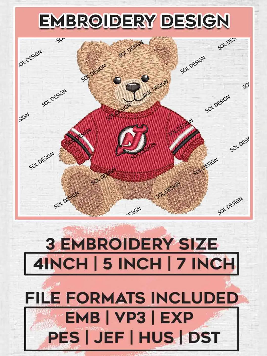 NHL New Jersey Devils Cute Teddy Bear Embroidery Designs, Vintage Sports Bear Hockey Embroidery Design File, NHL Team, Sport Bear Embroidery, NHL New Jersey Devils Team Embroidery, Digital Download