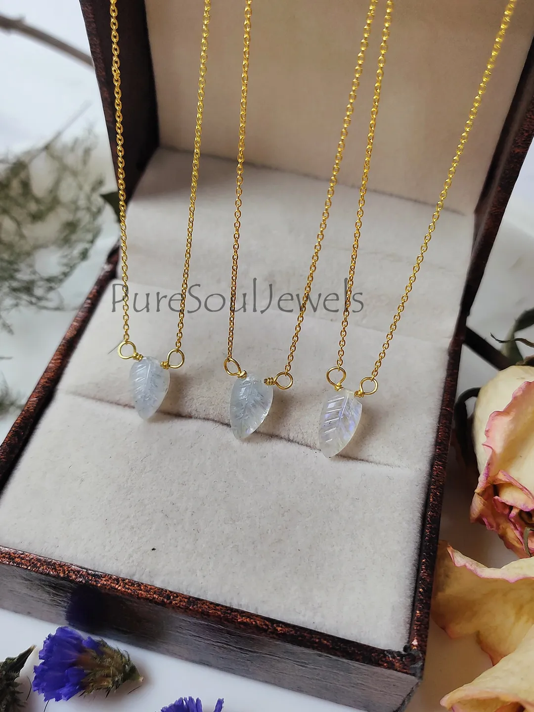 Natural Rainbow Moonstone Gemstone Necklace, 925 Sterling Silver Gold Plated Necklace, Carved Leaf Moonstone Pendant, One Of A Kind Jewelry