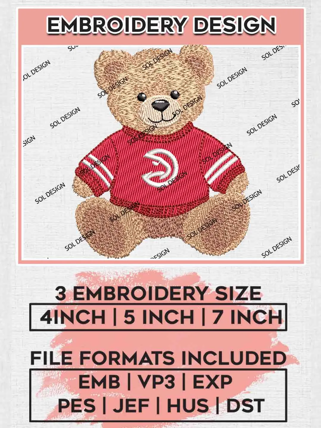 NBA Atlanta Hawks Teddy Bear Embroidery Designs, Vintage Sports Bear Basketball Embroidery Design Files, NBA Hawks Team, Cute Teddy Bear Embroidery, NBA Atlanta Hawks Embroidery, Digital Download