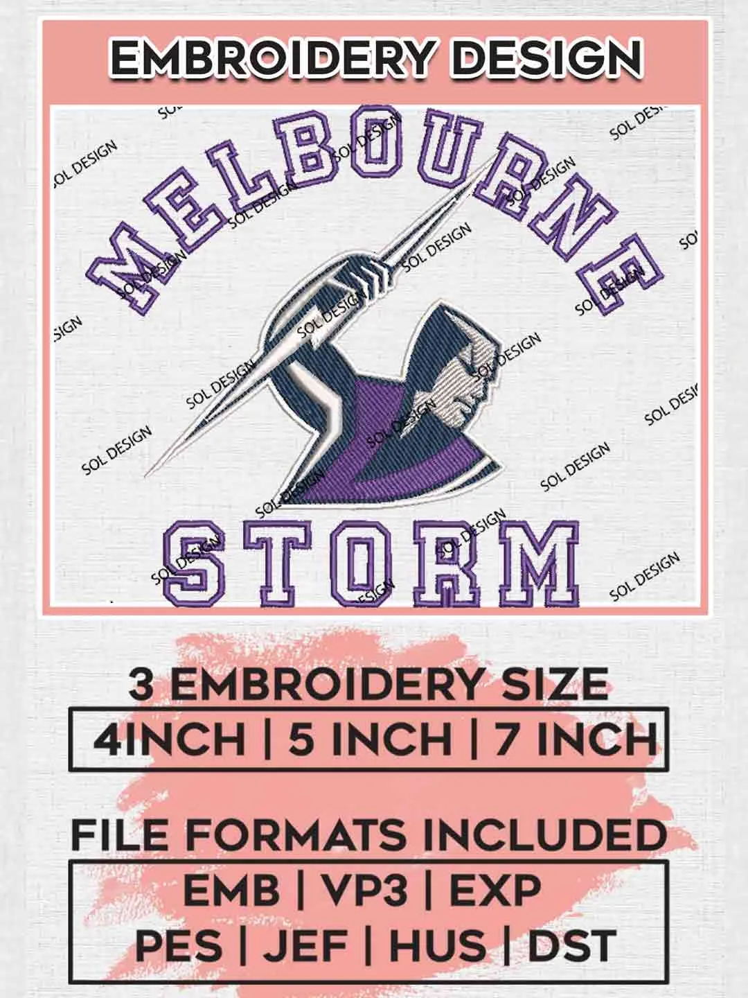 NRL Melbourne Storm Embroidery Design files, National Rugby League Embroidery Design, Melbourne Storm Logo Embroidery Design,NRL Machine Embroidery Digitized Pes File,3 Sizes, Instant Download