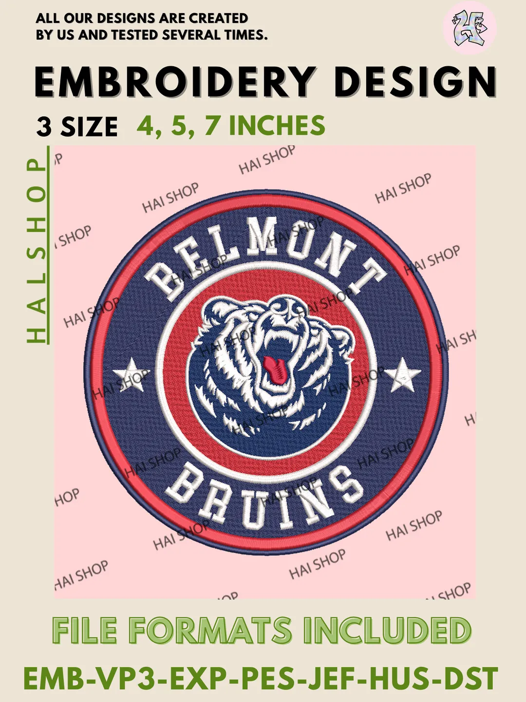 NCAA Belmont Bruins Football Team Head Logo Embroidery, Belmont Bruins Logo Embroidery Files, Digital Download