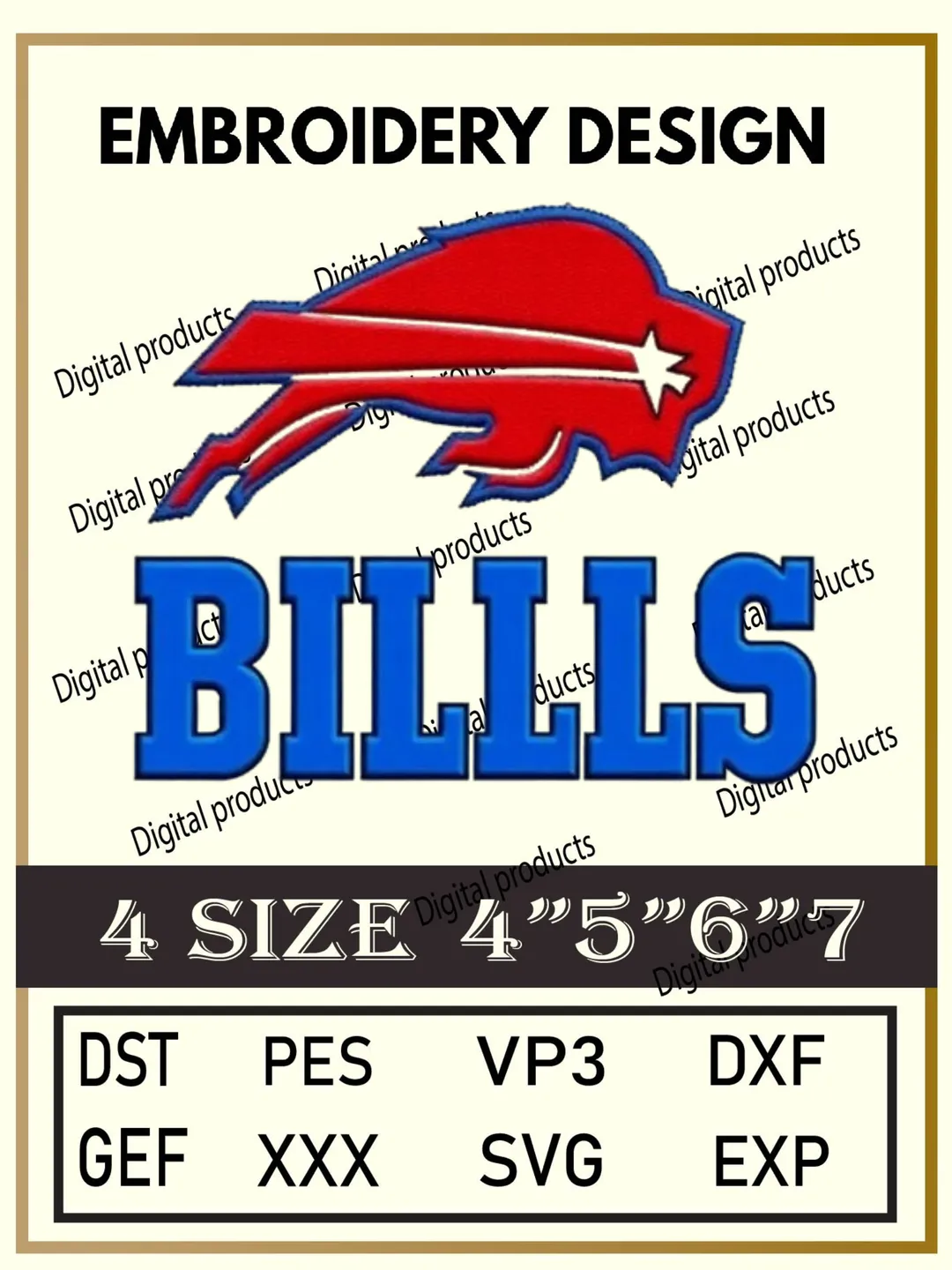 Buffalo Bills Embroidery Design Digital Logo Pattern for Machine Embroidery Projects in Four Sizes with Multiple Compatible Formats Including DST, PES, VP3, DXF, GEF, XXX, SVG, EXP for Creative Stitching and Artistic Embroidery Download