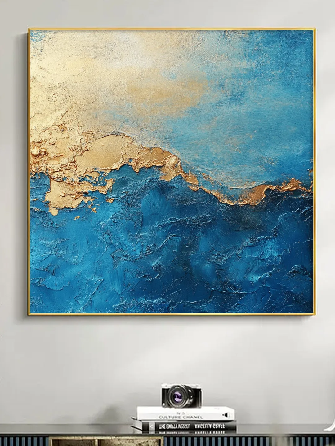 Abstract Gold leaf Oil Painting on Canvas, Original Blue Painting ...
