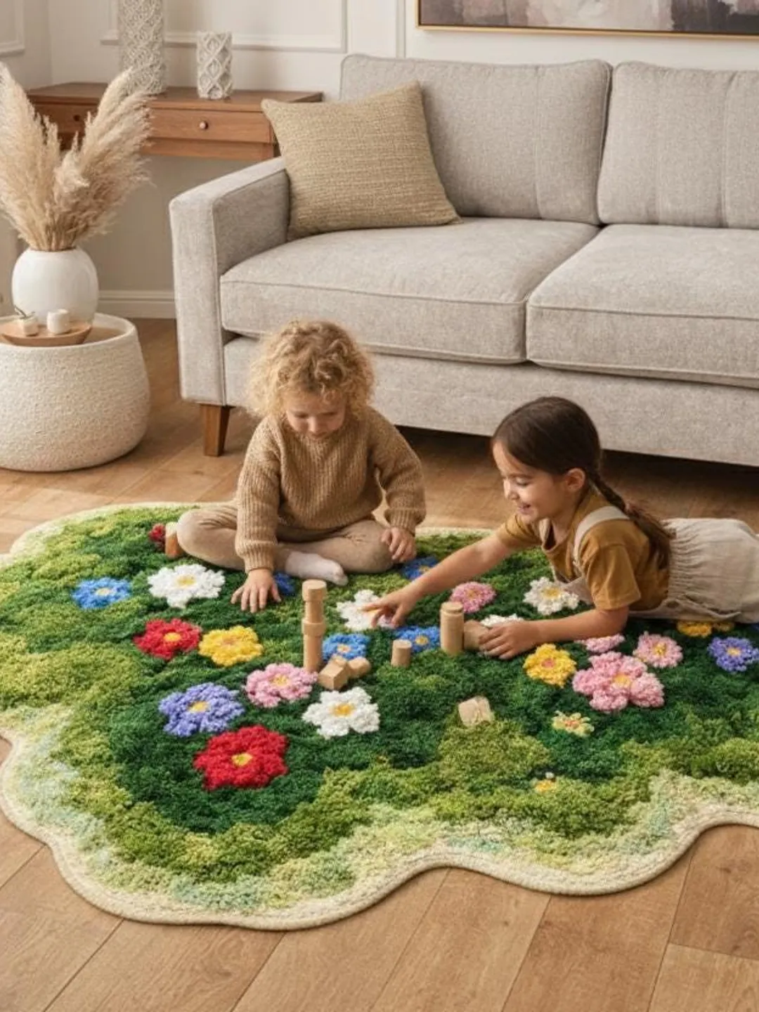Moss Garden Floral Door Rug with 3D Flowers, Organic Shape