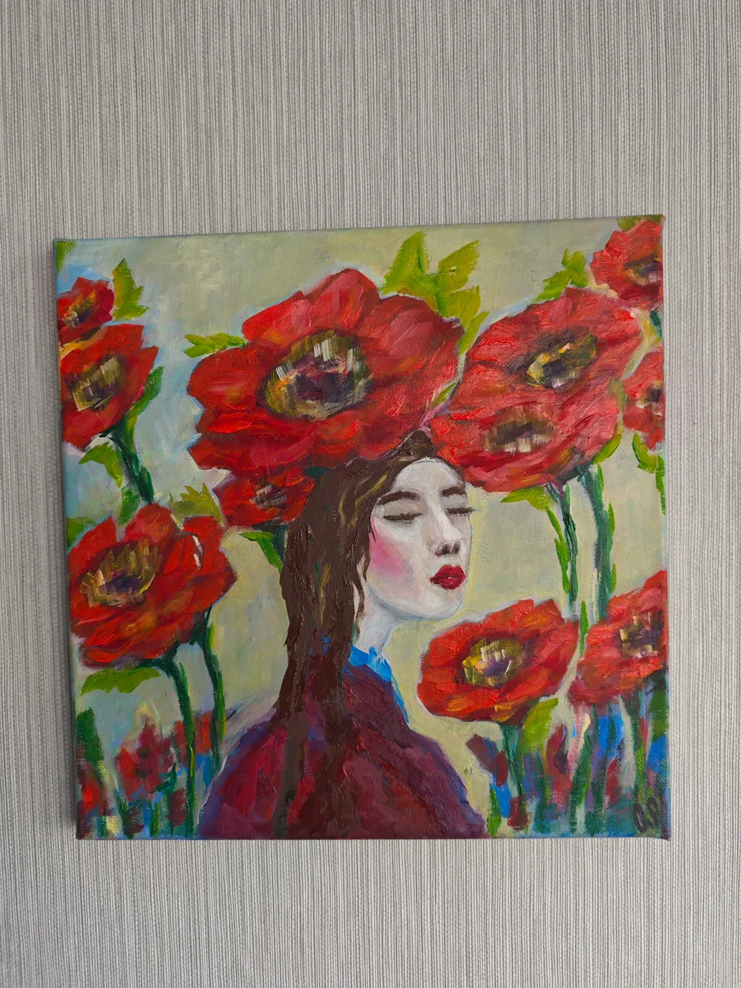 Red Flowers Original Painting Woman Portrait And Red Flowers Original Art Woman Head Floral Abstract Artwork Woman And Flowers Oil Painting Red Poppies And Chinese Woman Art 12 x 12 inches by OlgaSokolovaArt