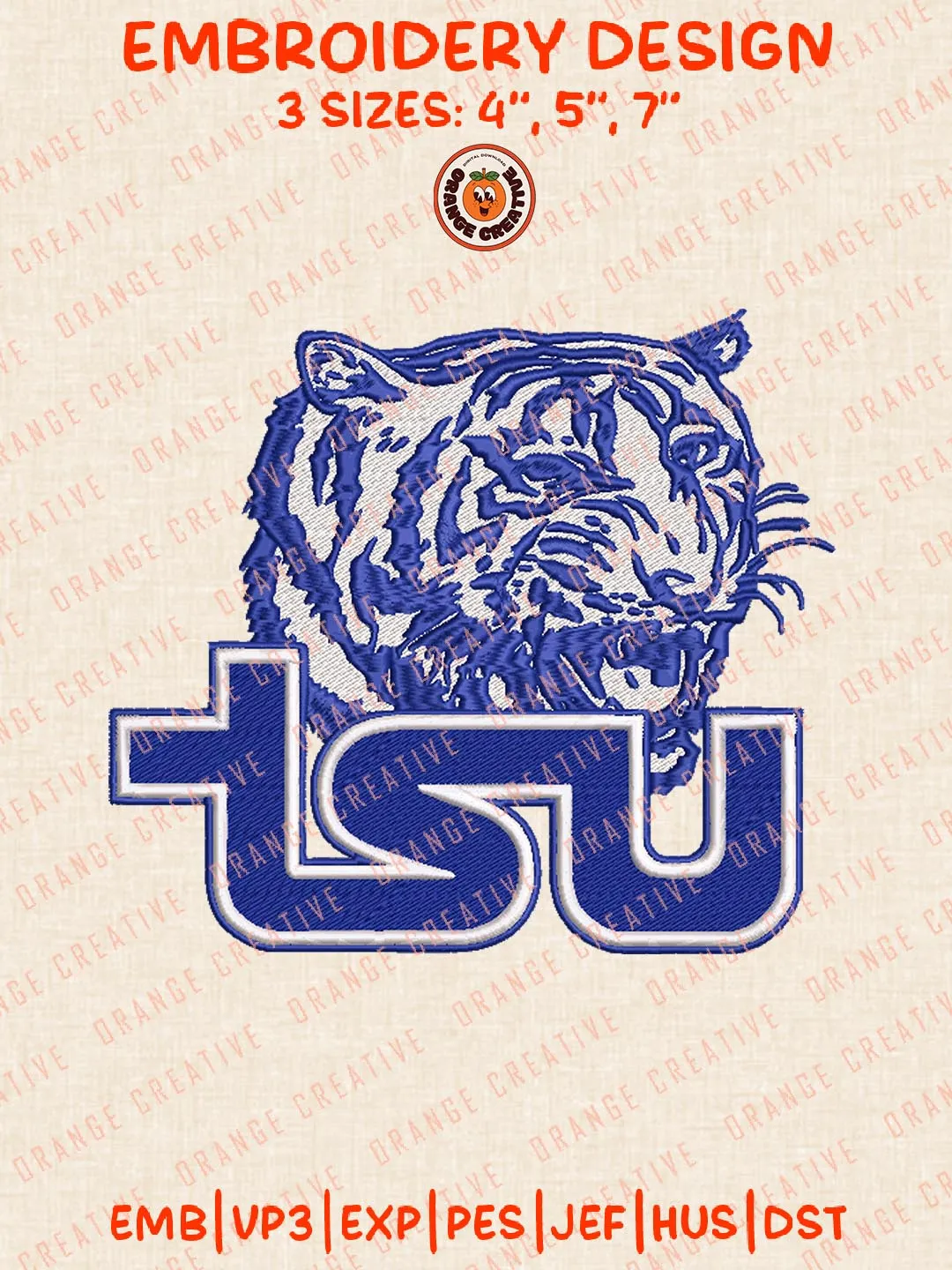 TSU Tigers Logo Embroidery Design Files, NCAA Logos Embroidery Designs, NCAA Tennessee State Tigers Machine Embroidery Files, 3 Sizes, Custom Sizes, Instant Download