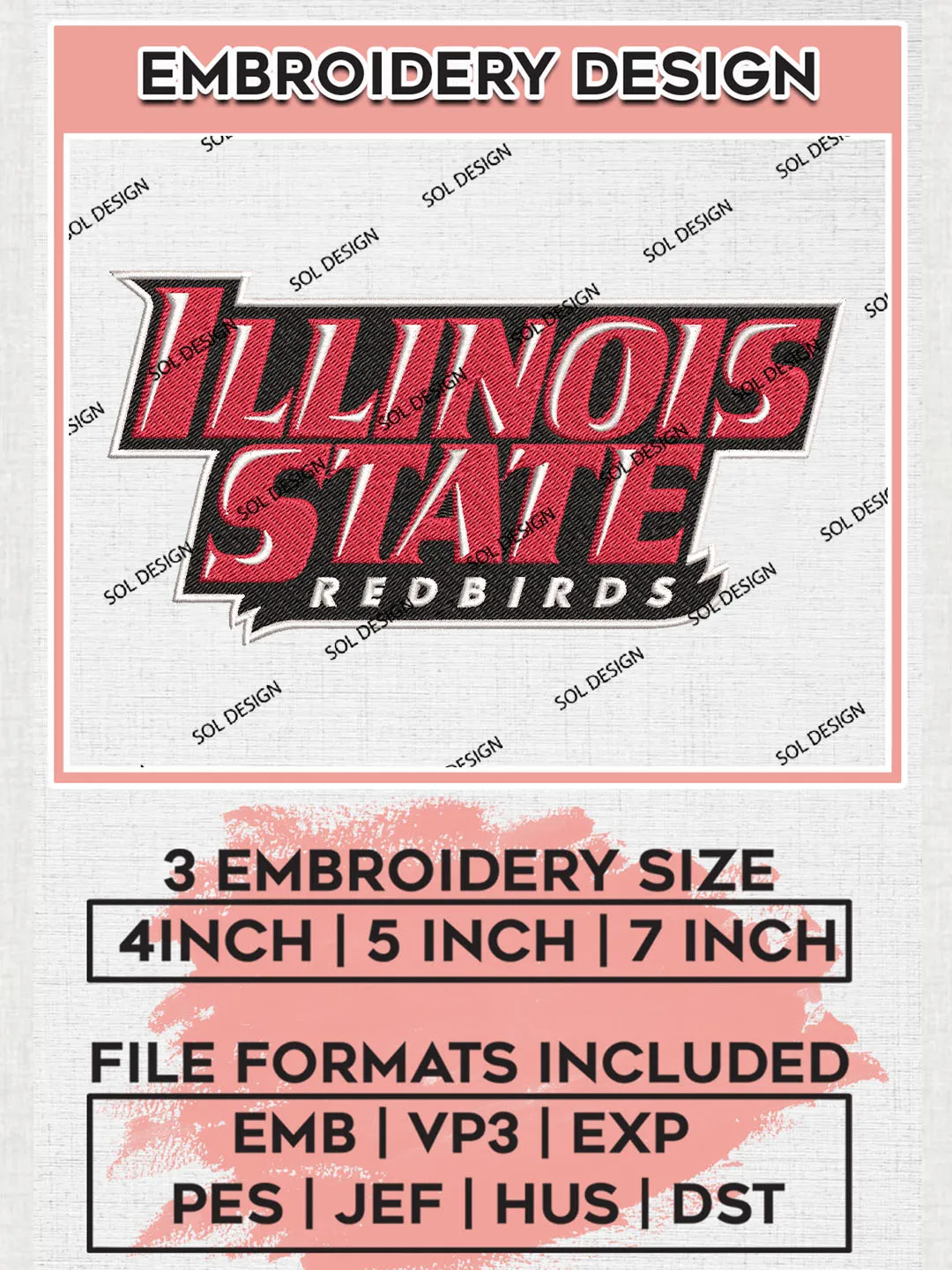 NCAA Illinois State Redbirds Team Writing Logo Embroidery Design Files, NCAA Illinois State Redbirds Machine Embroidery, NCAA Teams, 3 sizes, NCAA Machine embroidery designs, Digital Download