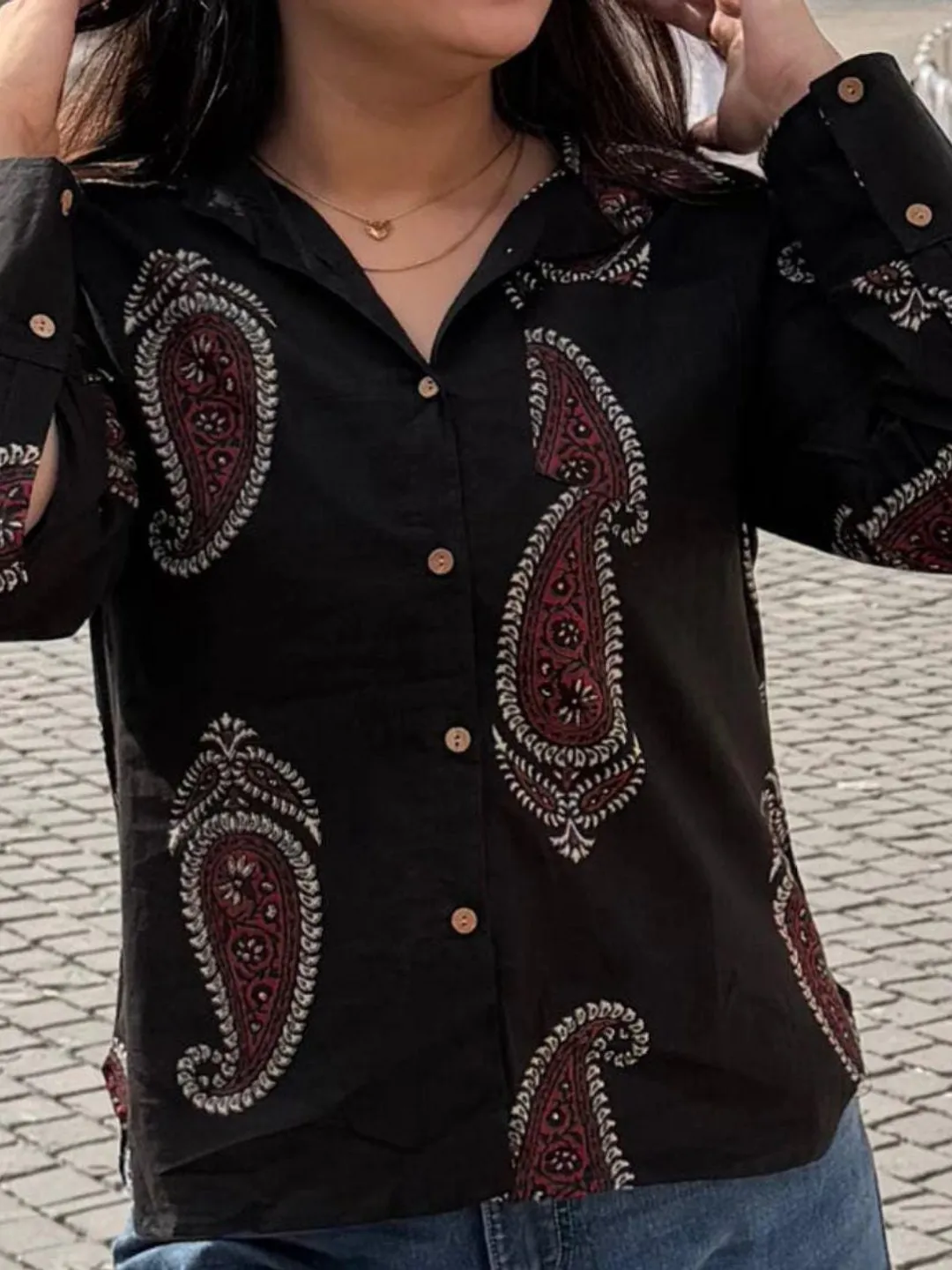 Handmade Black Paisley Print Cotton Shirt for Women, Boho Button Down Ethnic Top
