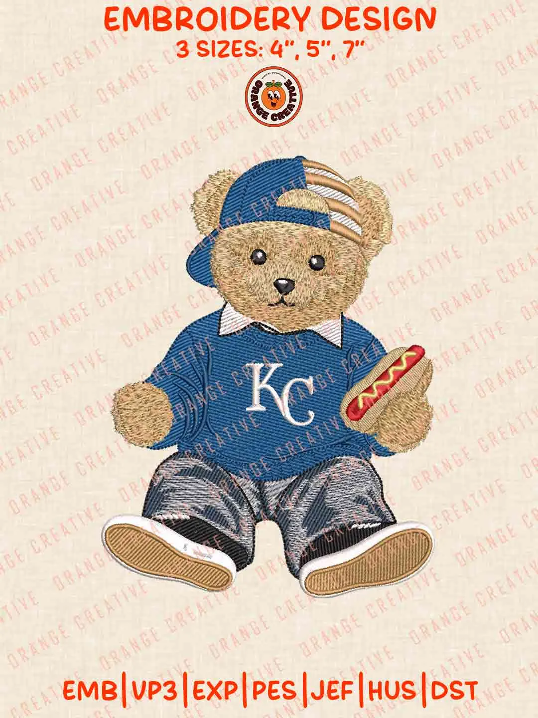 MLB Kansas City Royals Teddy Bear Hot Dog Embroidery Design, MLB Royals Embroidery Design, Machine Embroidery Design File, 4 Sizes, Custom Size, Digital Download