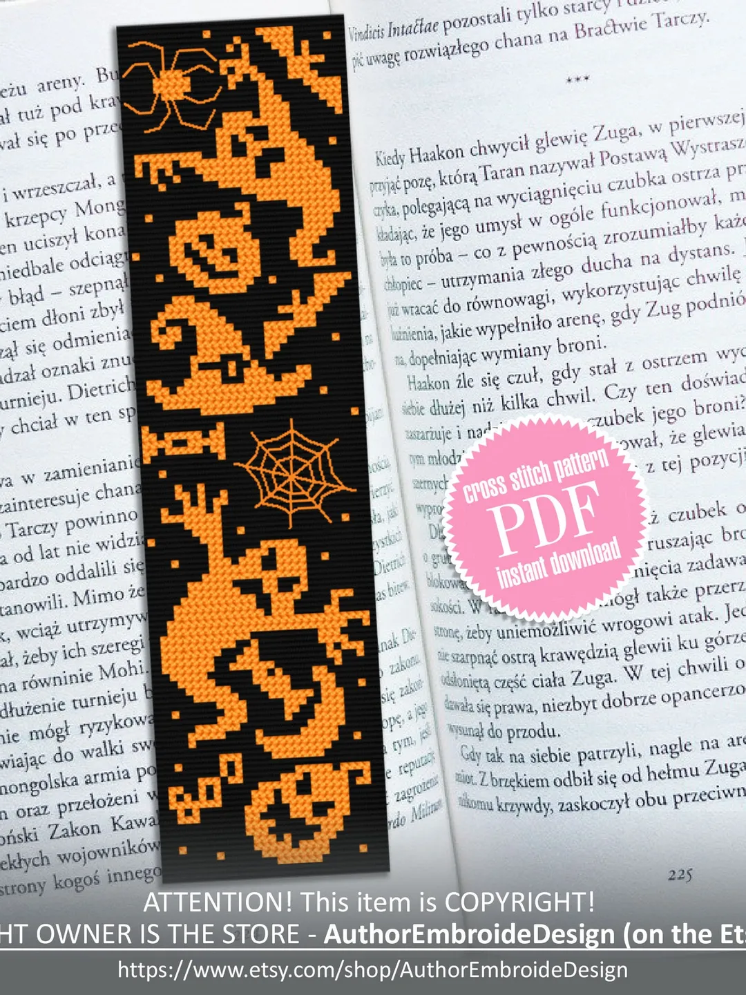 Halloween bookmark cross stitch pattern PDF download Halloween sampler cross stitch chart, Simple handmade bookmark pattern digital #B229