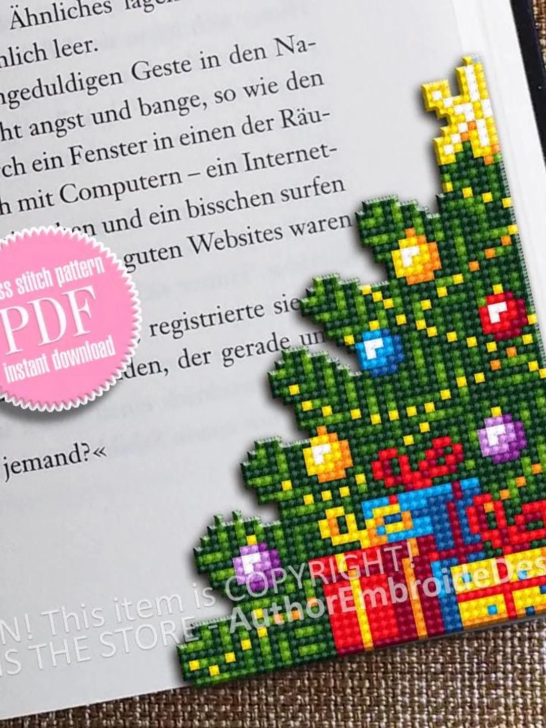 Christmas corner bookmark cross stitch pattern PDF download Christmas tree cross stitch chart, Christmas bookmark pattern digital PDF #B385
