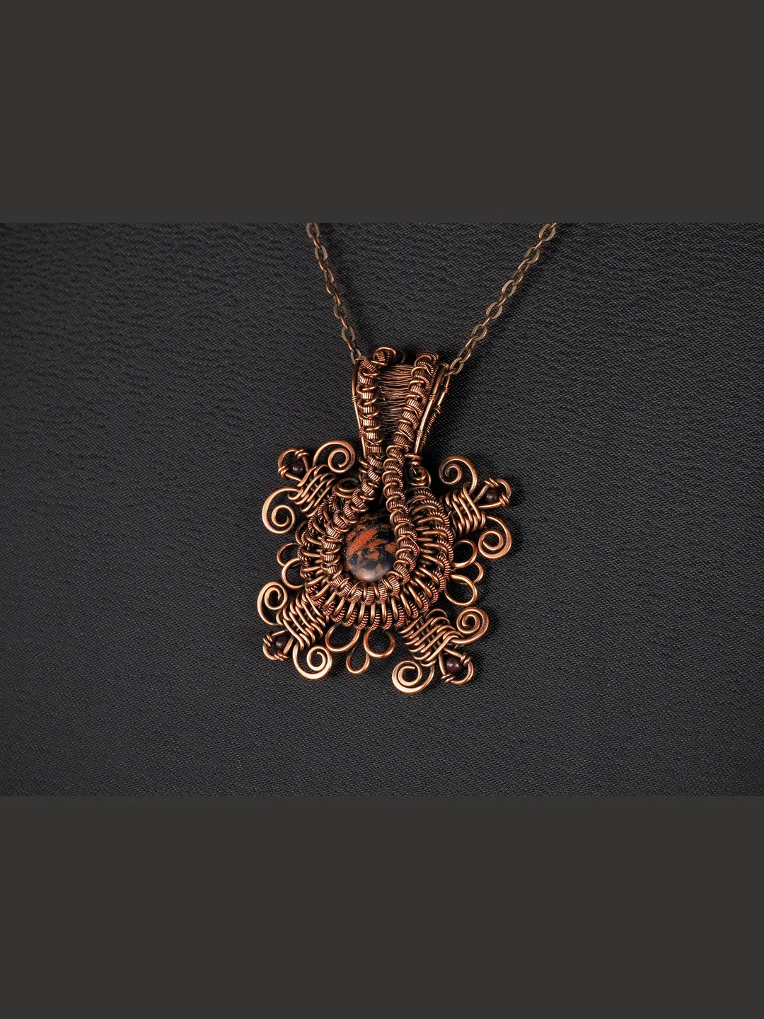 Copper Snowflake Pendant with Murano Glass and Garnet Jewelry Wire Wrap Art