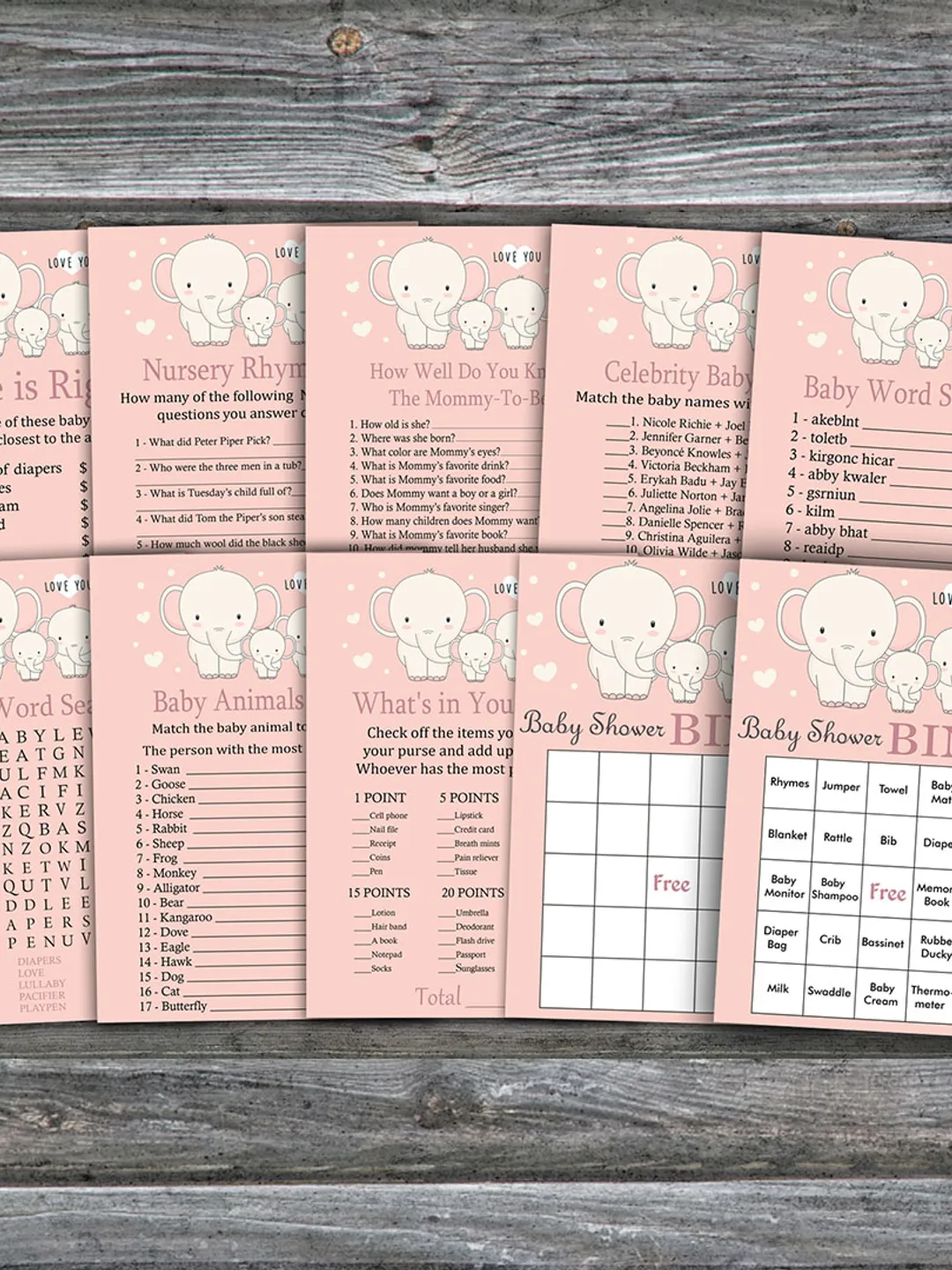 Elephant theme baby shower games bundle,Baby Elephant Baby Shower games package,Fun Baby Shower Games,9 Printable Games