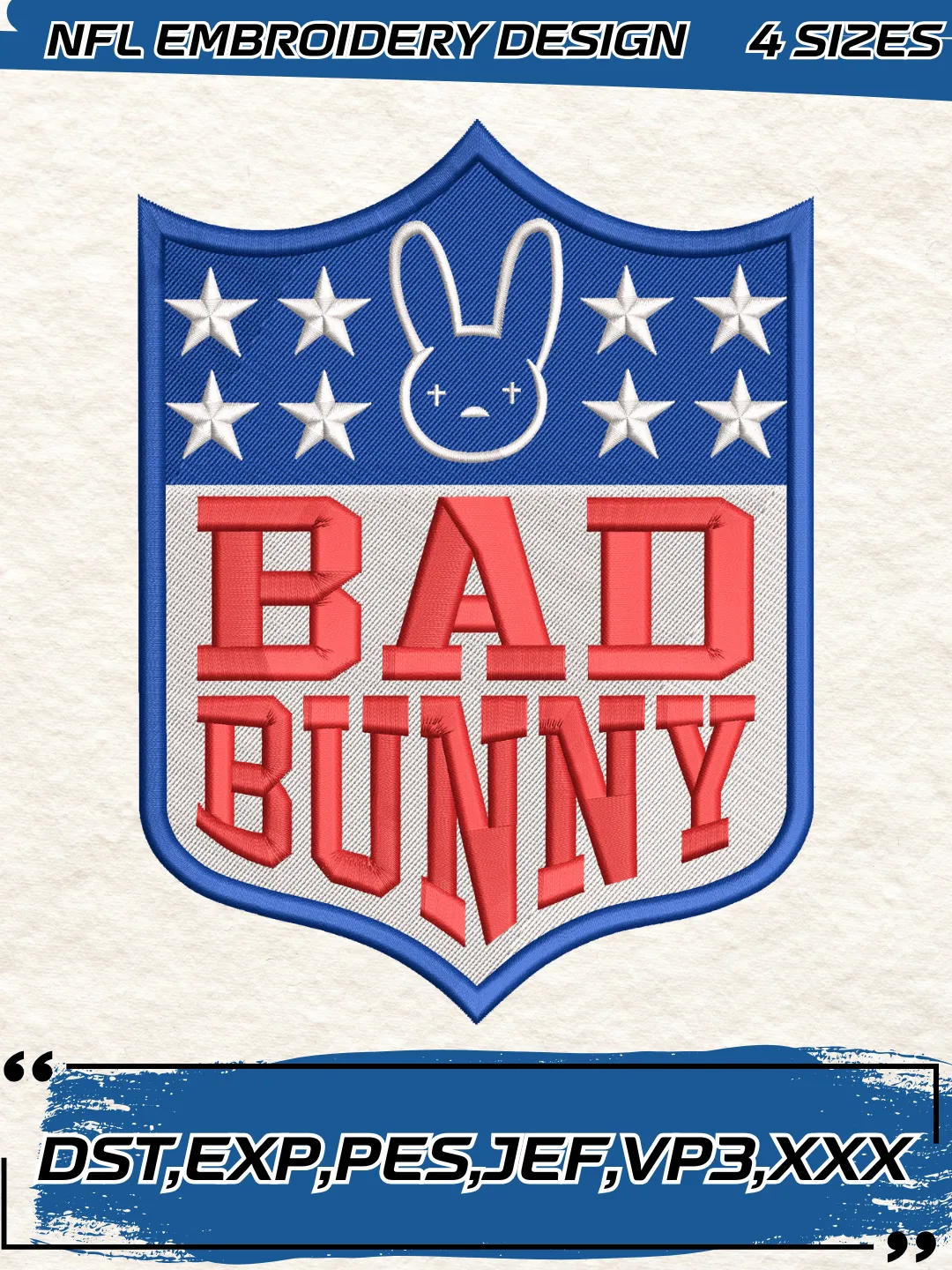 Bad Bunny Super Bowl Embroidery Designs, Football Team NFL Machine Embroidery Digitized Pes Files, 4 Sizes, Digital Download