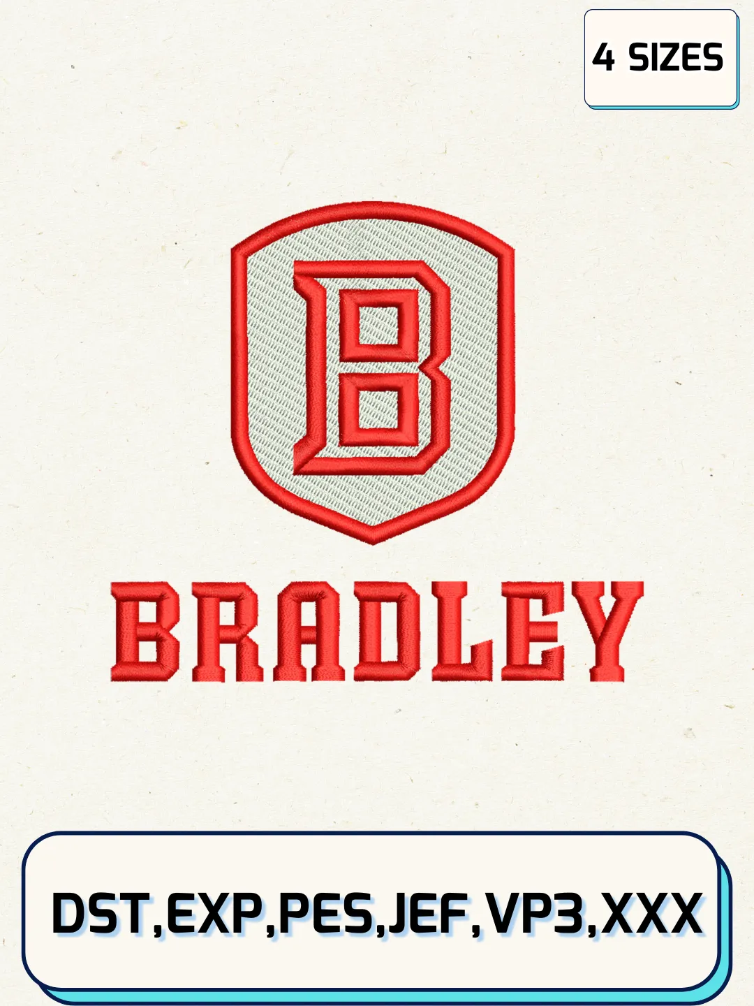 Bradley Braves Embroidery Design Files, NCAA Logos Embroidery Designs, Machine Embroidery Files, 4 Sizes