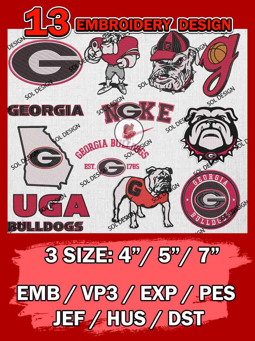 13 NCAA Georgia Bulldogs Bundle Embroidery Files, NCAA Georgia Bulldogs Team Bundle Embroidery Designs, NCAA Teams, National College Football Team 3 sizes, NCAA Georgia Machine Embroidery, Digital Download