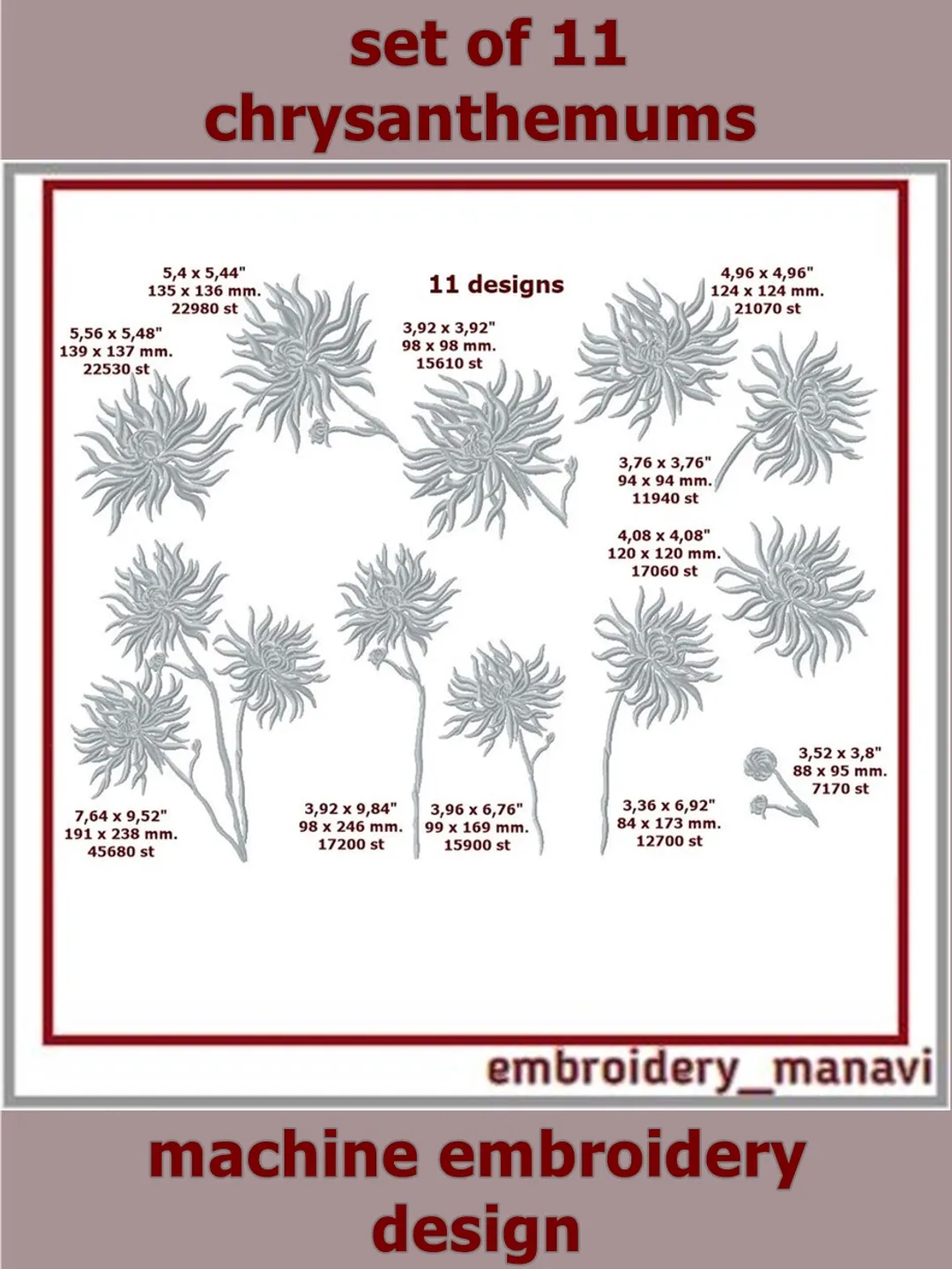 Machine Embroidery Designs set of 11 Chrysanthemums in one color