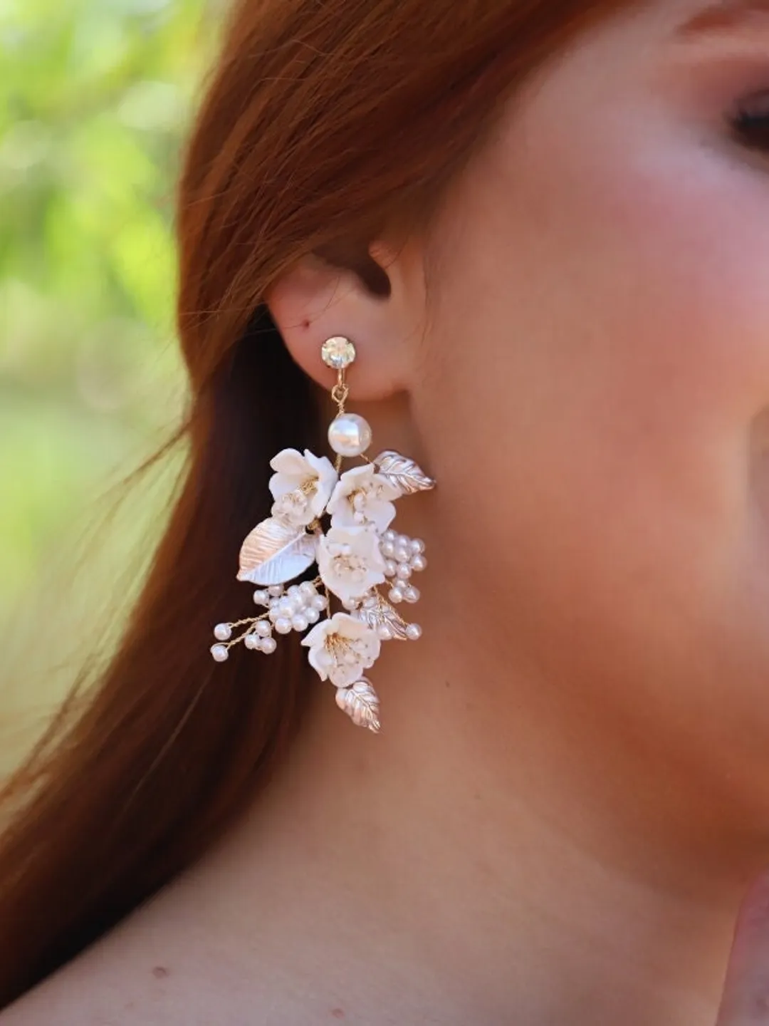 Porcelain Flower Wedding Earrings, Rose Gold Floral Statement Bridal Earrings, Pearl Boho Wedding Earrings, Statement Wedding Jewelry Set,