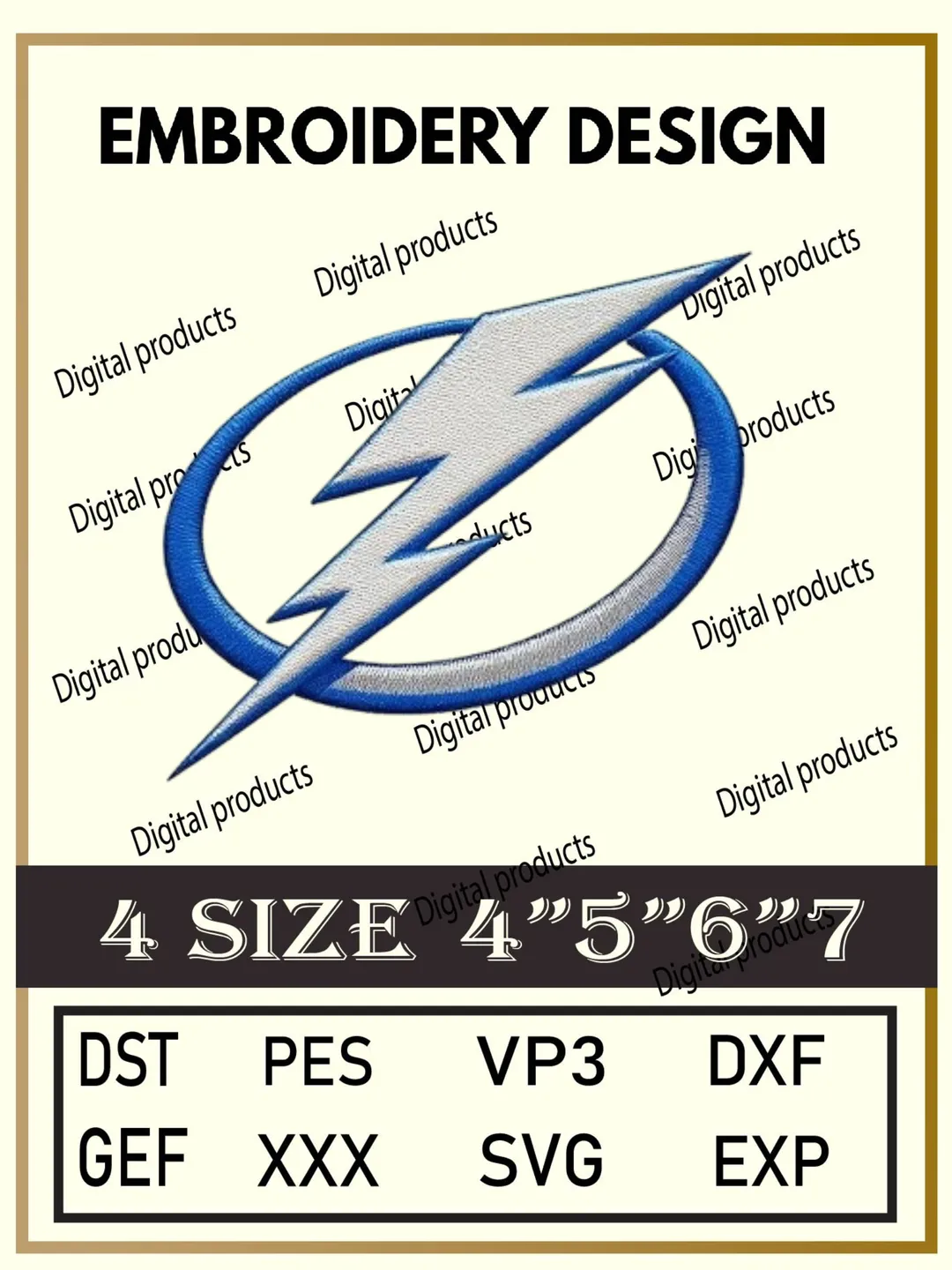Lightning Bolt Embroidery Design Digital Logo Pattern with Oval Outline for Machine Embroidery Projects in Four Sizes with Multiple Compatible Formats Including DST, PES, VP3, DXF, GEF, XXX, SVG, EXP
