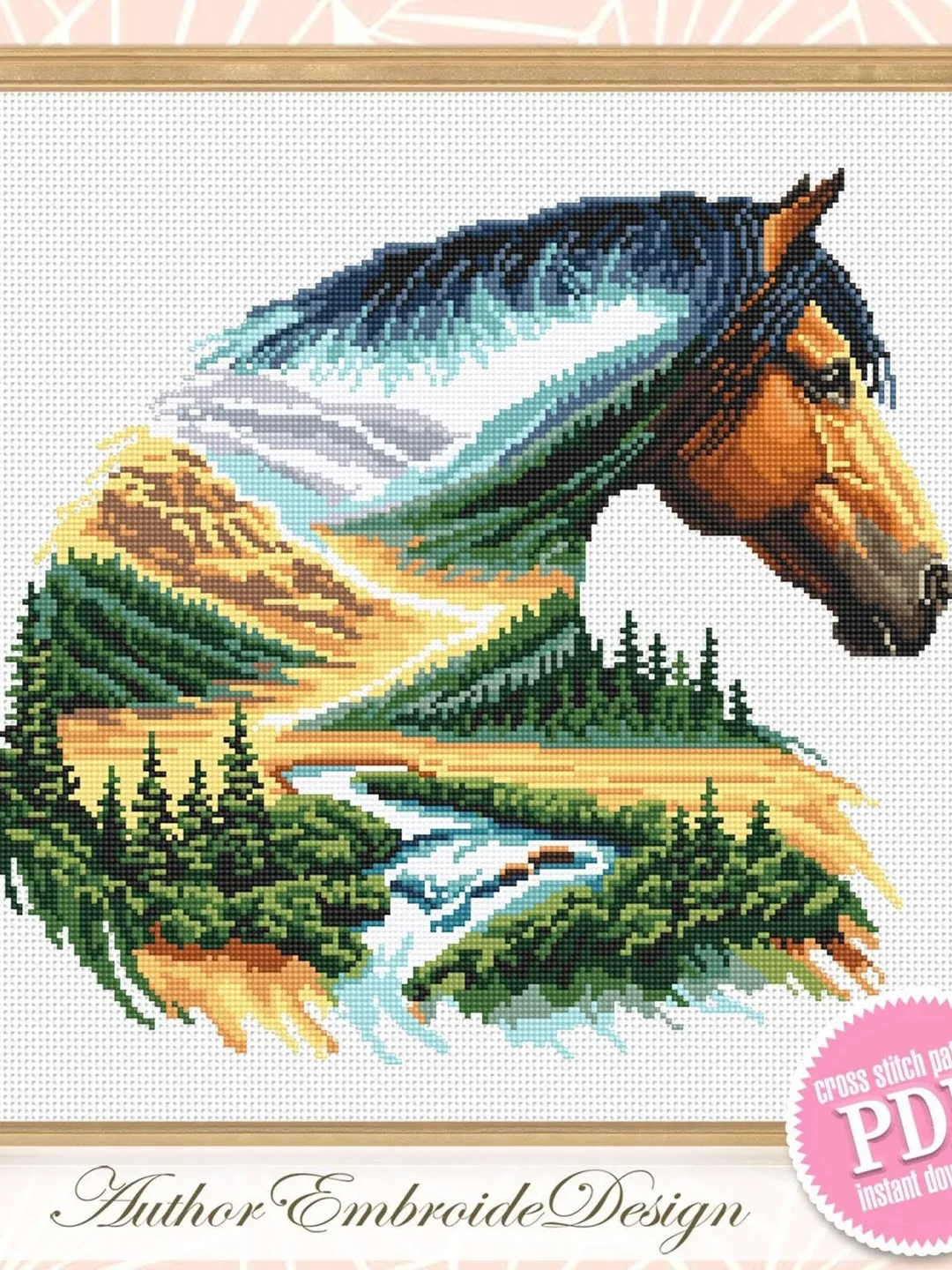 Watercolor horse cross stitch pattern PDF download Nature landscape cross stitch chart, Horse pattern digital PDF, Gift for horse lover #L82