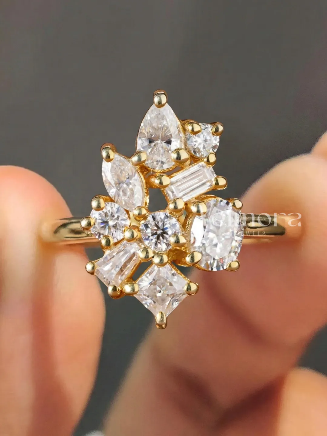 Floral Diamond Cluster Ring, Yellow Gold Engagement Ring