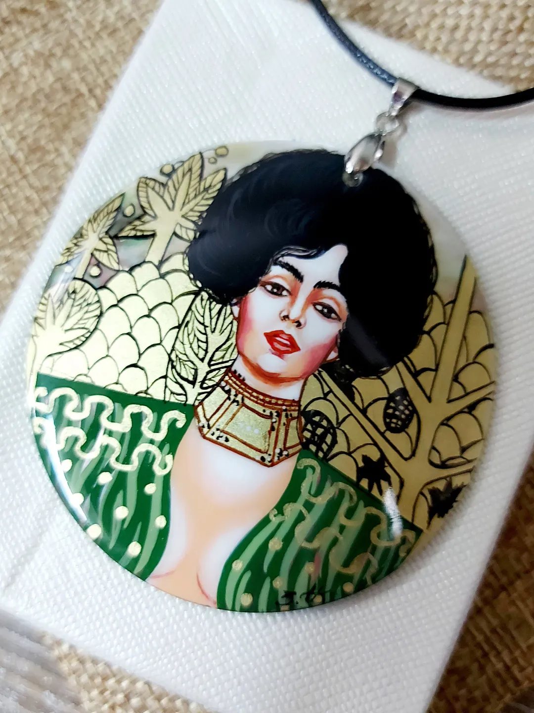 Pearl pendant necklace: Judith by Gustav Klimt on handmade necklace. Painted lacquer shell jewelry. Dainty gift for aesthetic women of power