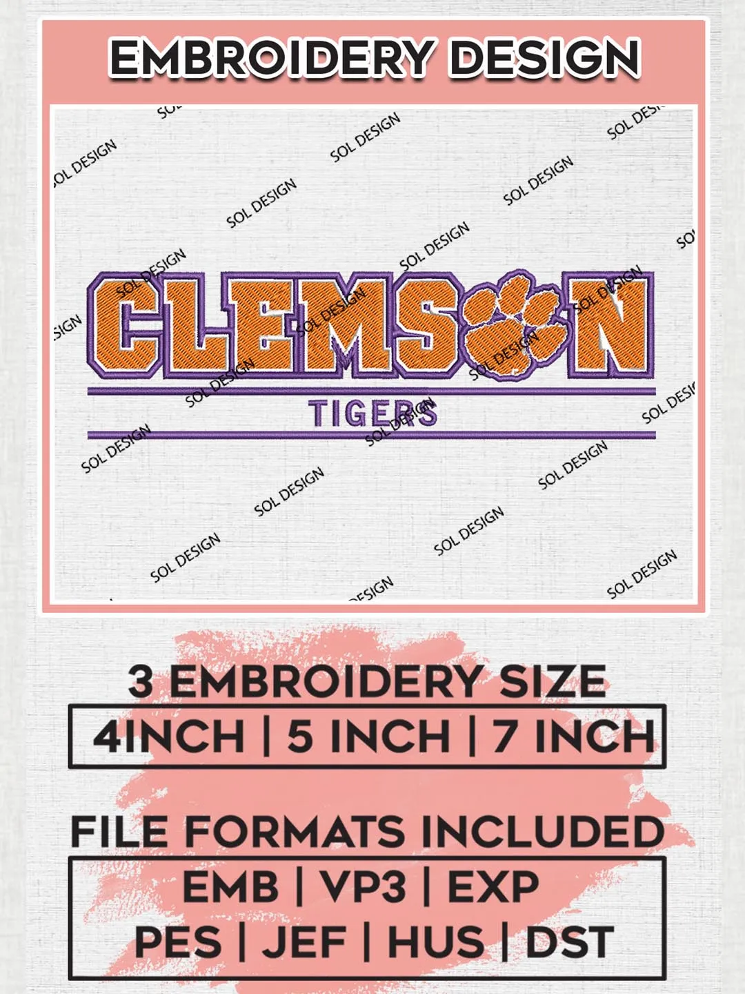 NCAA Clemson Tigers Team Writing Logo Embroidery Design Files, NCAA Clemson Tigers Machine Embroidery, NCAA Teams, 3 sizes, NCAA Machine embroidery designs, Digital Download