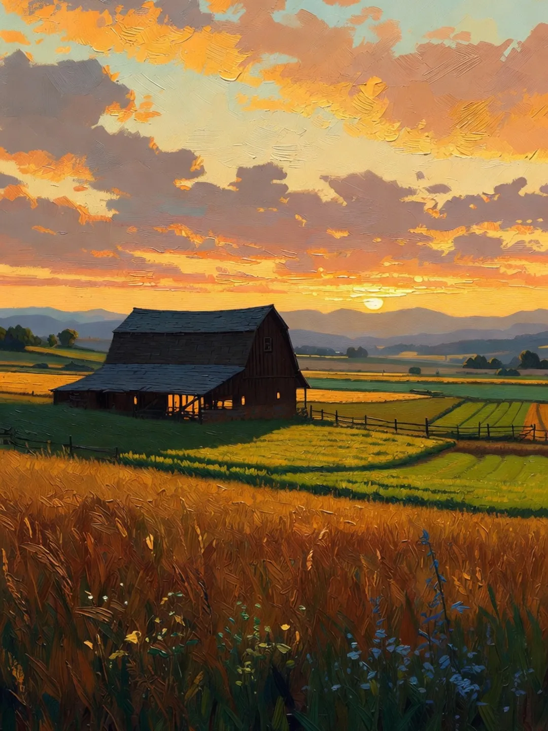 Starry Night Countryside Oil Painting